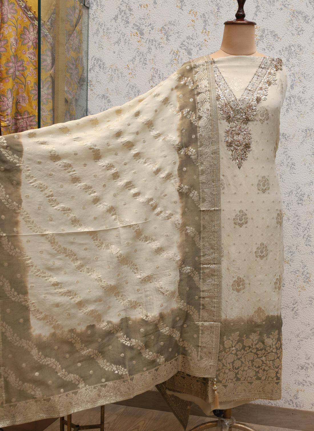 Ivory Banarasi Tissue Suit Set with Zardozi Work