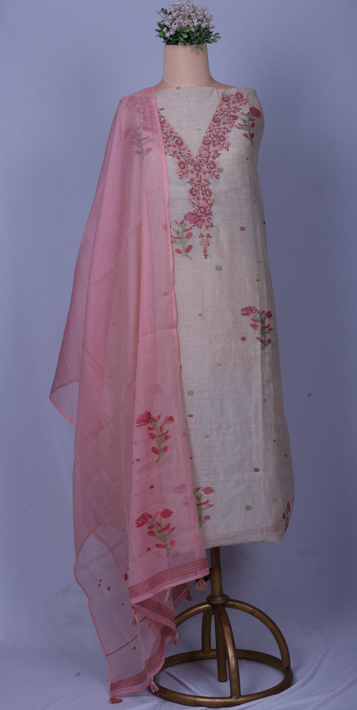 Blush Pink Linen Suit Set with Hand Embroidery Katha Work
