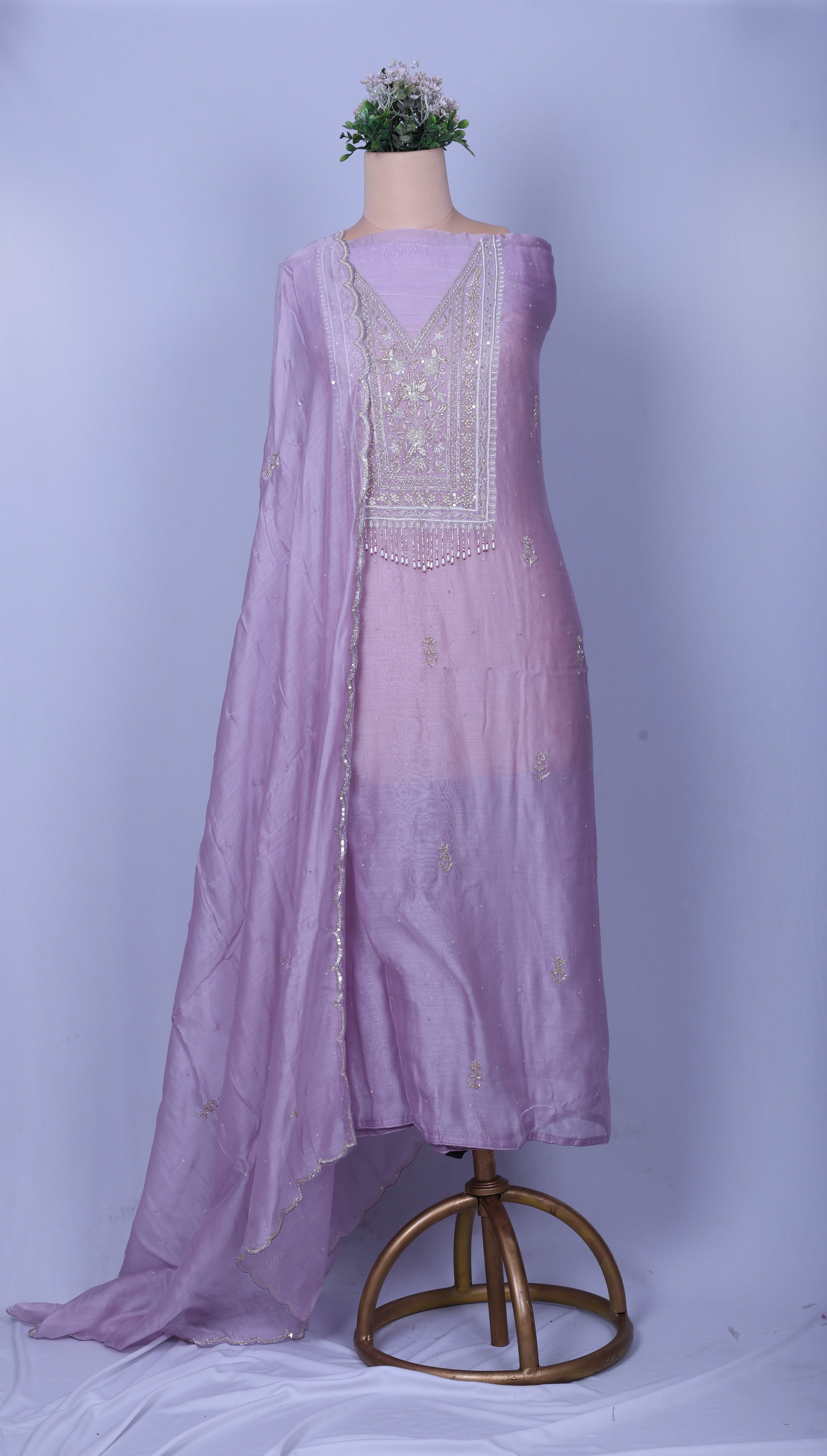 Lavender Chanderi Silk Suit Set with Pearl, Mirror & Zardozi Handwork