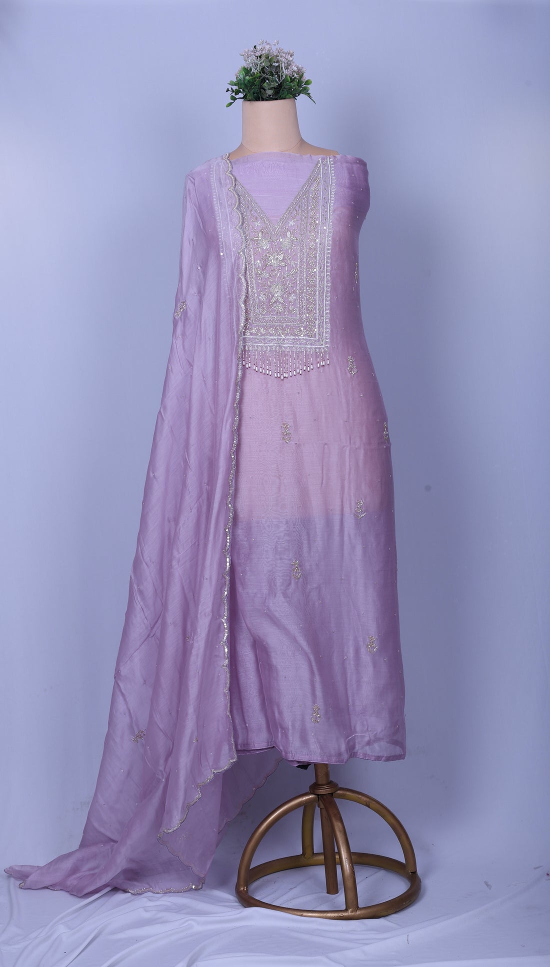 Lavender Chanderi Silk Suit Set with Pearl, Mirror & Zardozi Handwork