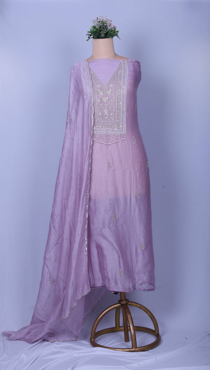 Lavender Chanderi Silk Suit Set with Pearl, Mirror & Zardozi Handwork