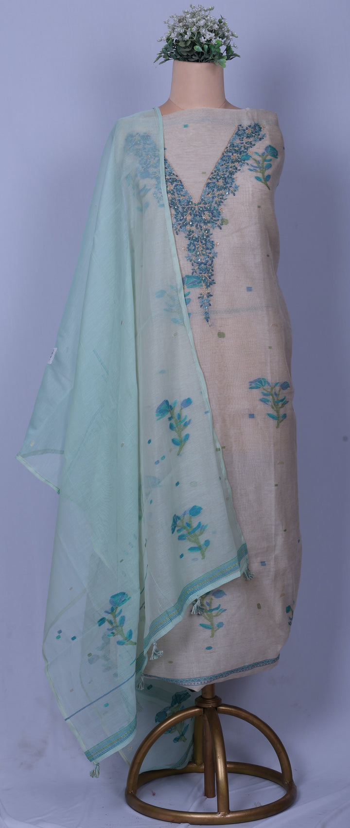 Pastel Mint Linen Suit Set with Hand Embroidery Katha Work