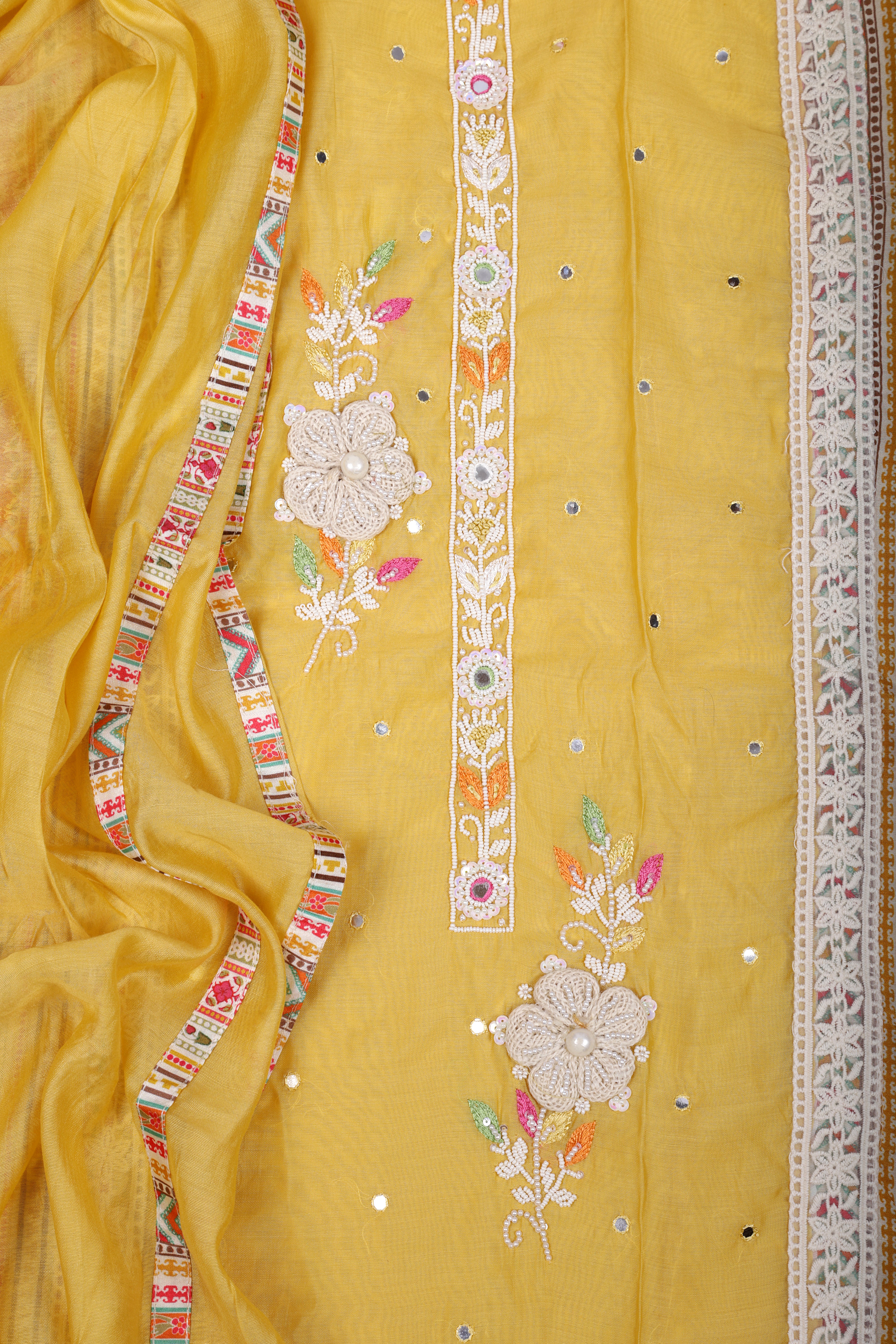 Sunshine Yellow Chanderi Silk Suit Set with Pearl & Mirror Handwork
