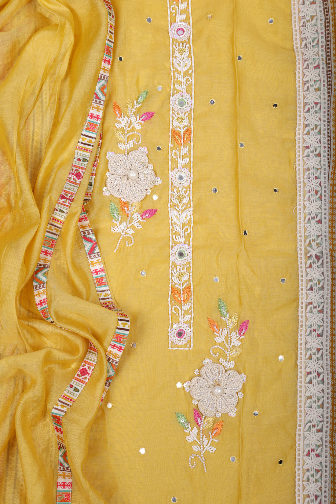 Sunshine Yellow Chanderi Silk Suit Set with Pearl & Mirror Handwork