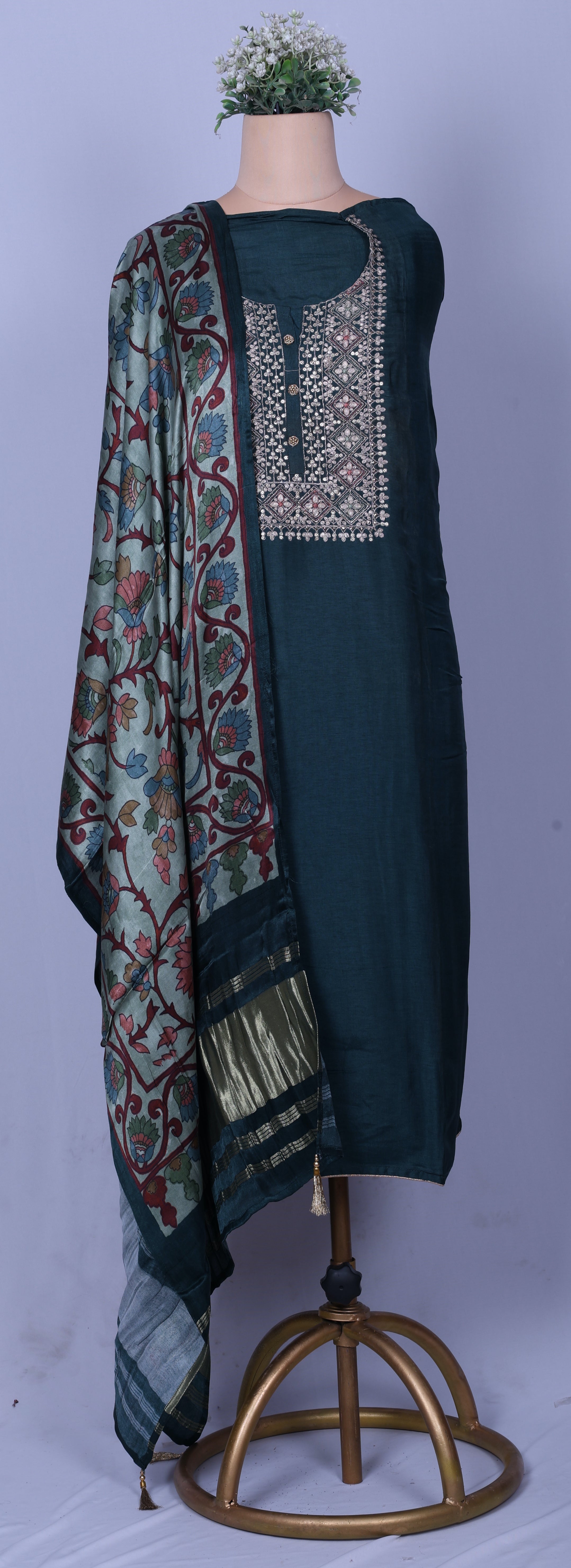 Teal Dola Silk Suit Set with Zari Work & Gaji Silk Dupatta