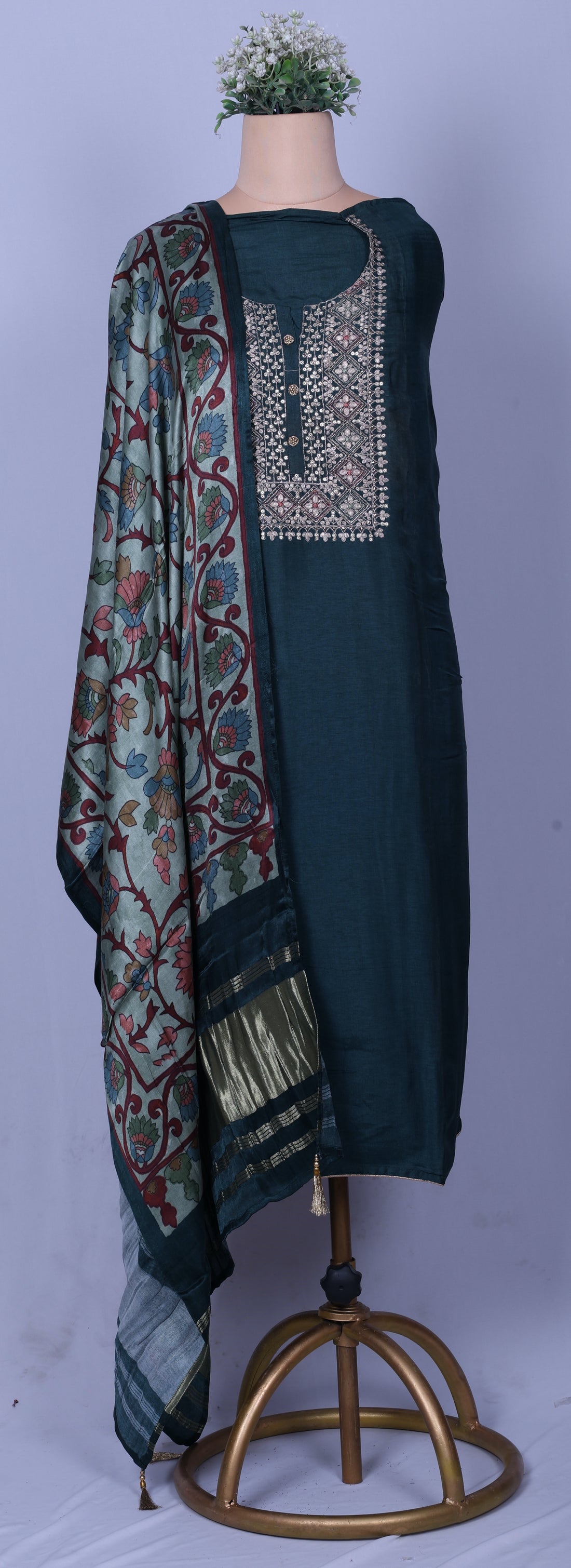 Teal Dola Silk Suit Set with Zari Work & Gaji Silk Dupatta