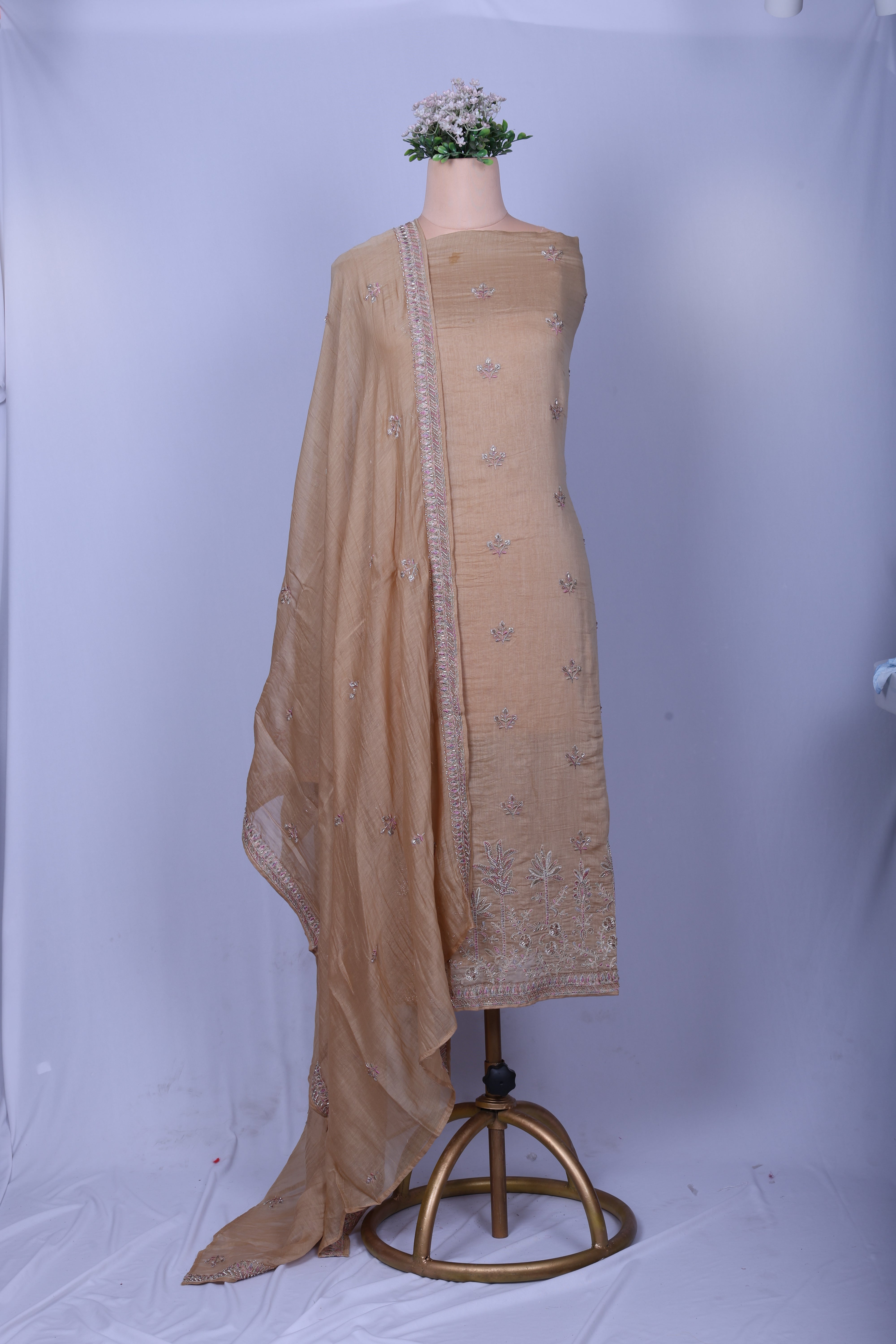 Champagne Beige Chanderi Silk Suit Set with Jardoji Handwork