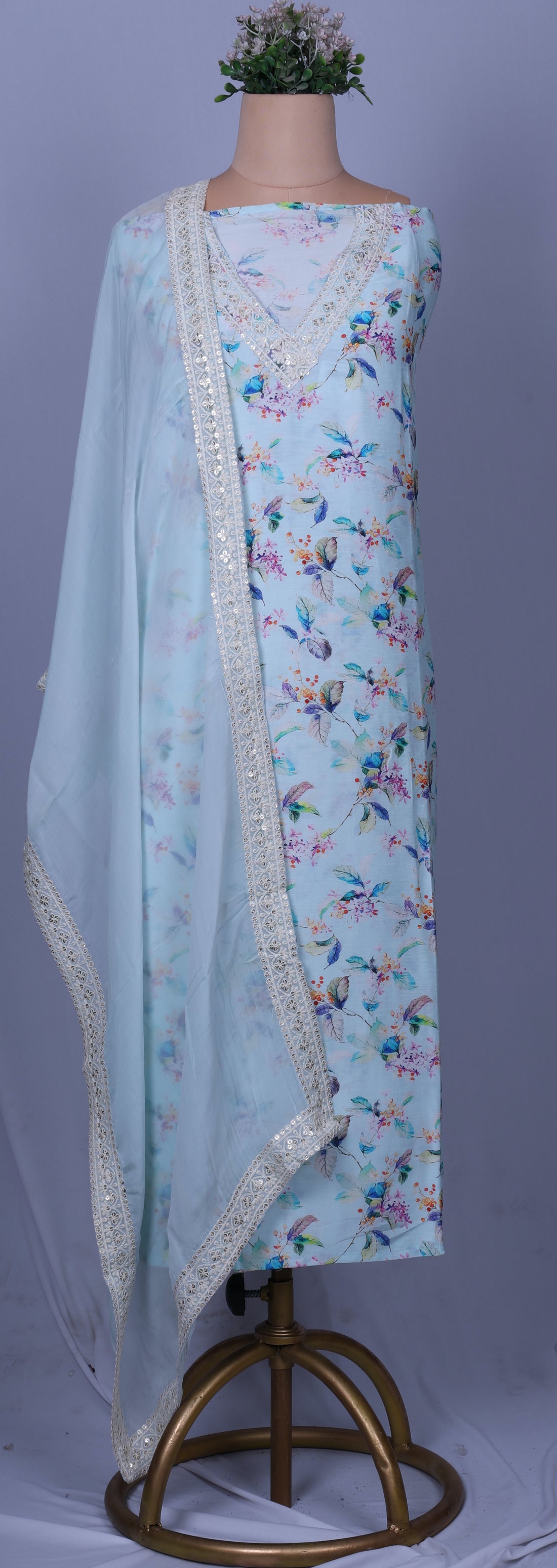 Powder Blue Linen Suit Set with Floral Print & Organza Dupatta