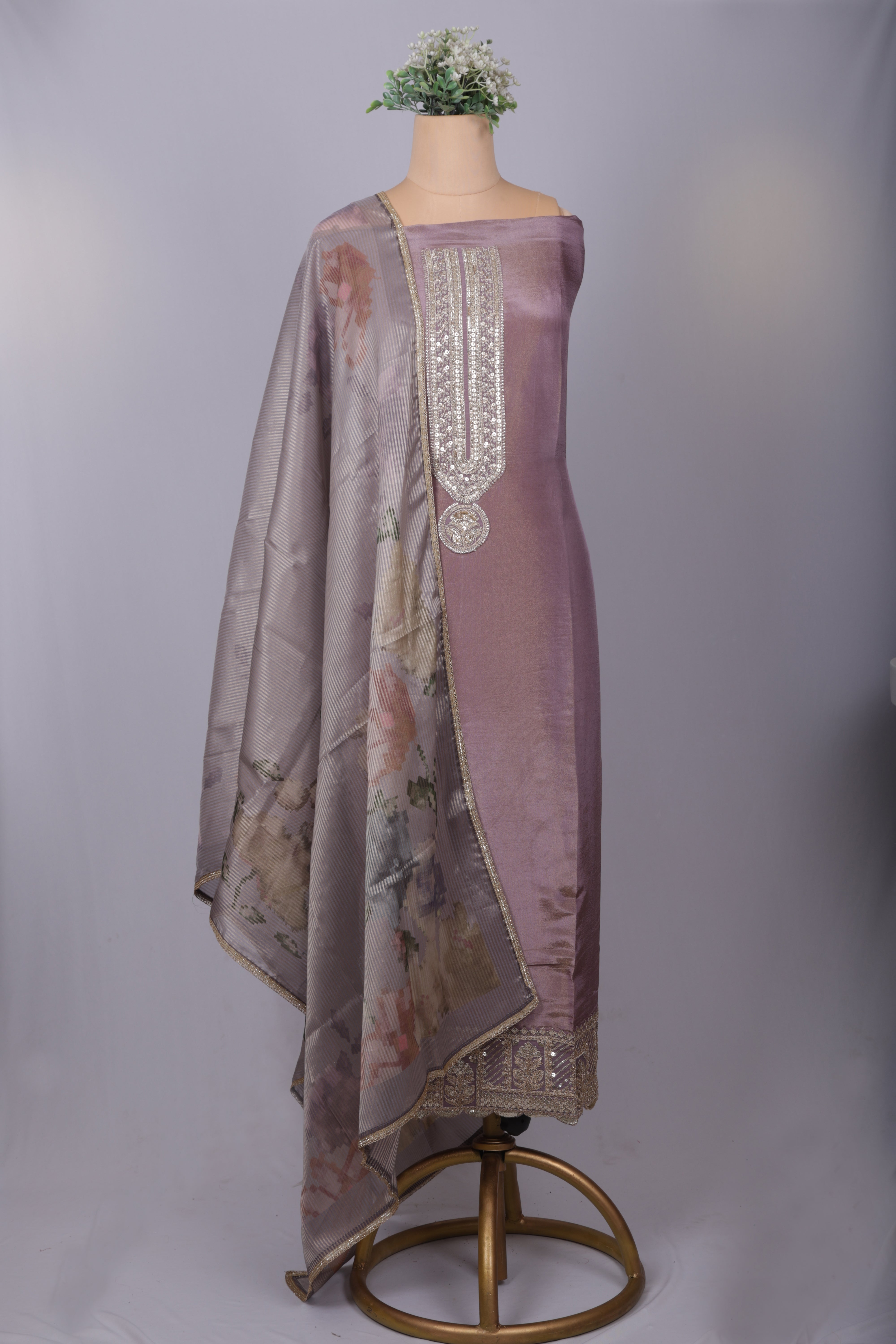 Lavender Tissue Suit Set with Zari & Zardozi Work