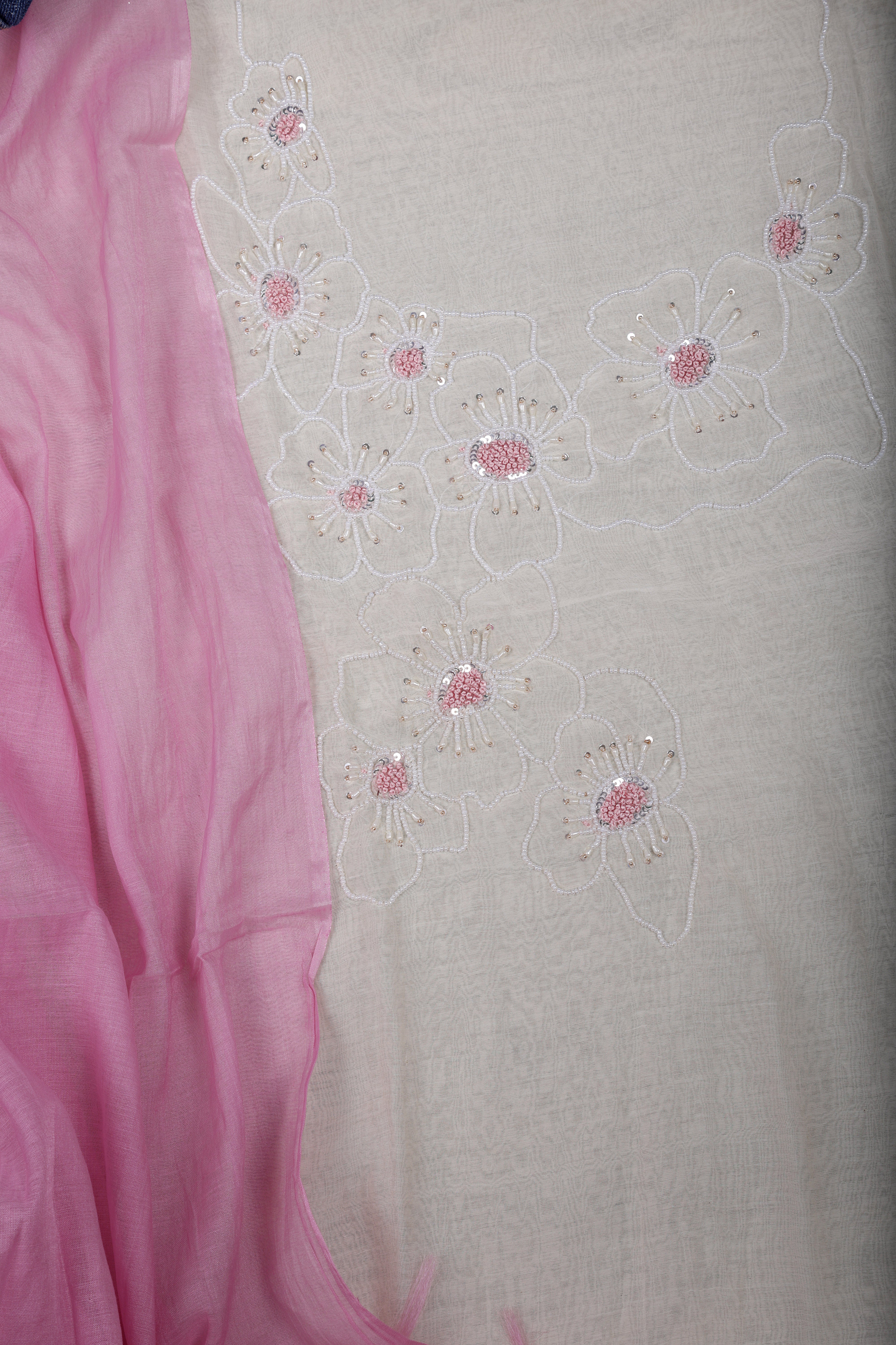 Pink Ombre Mul Chanderi Suit Set with Pearl Thread Work