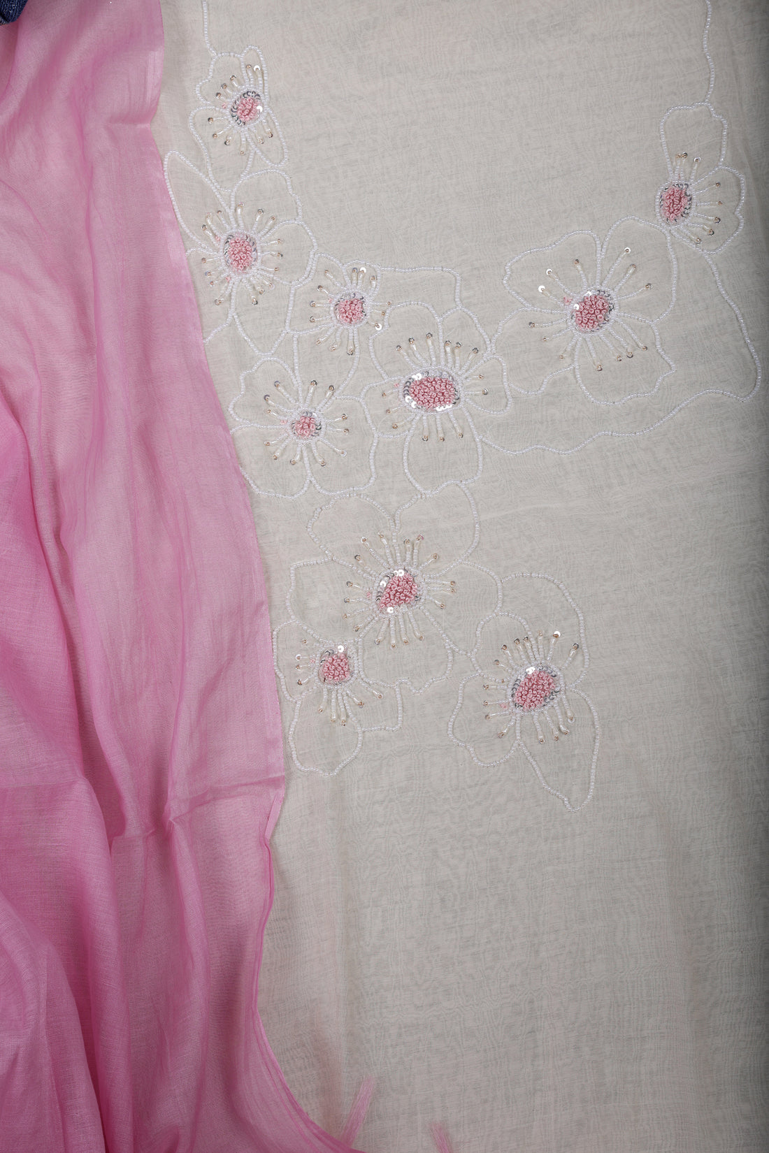 Pink Ombre Mul Chanderi Suit Set with Pearl Thread Work