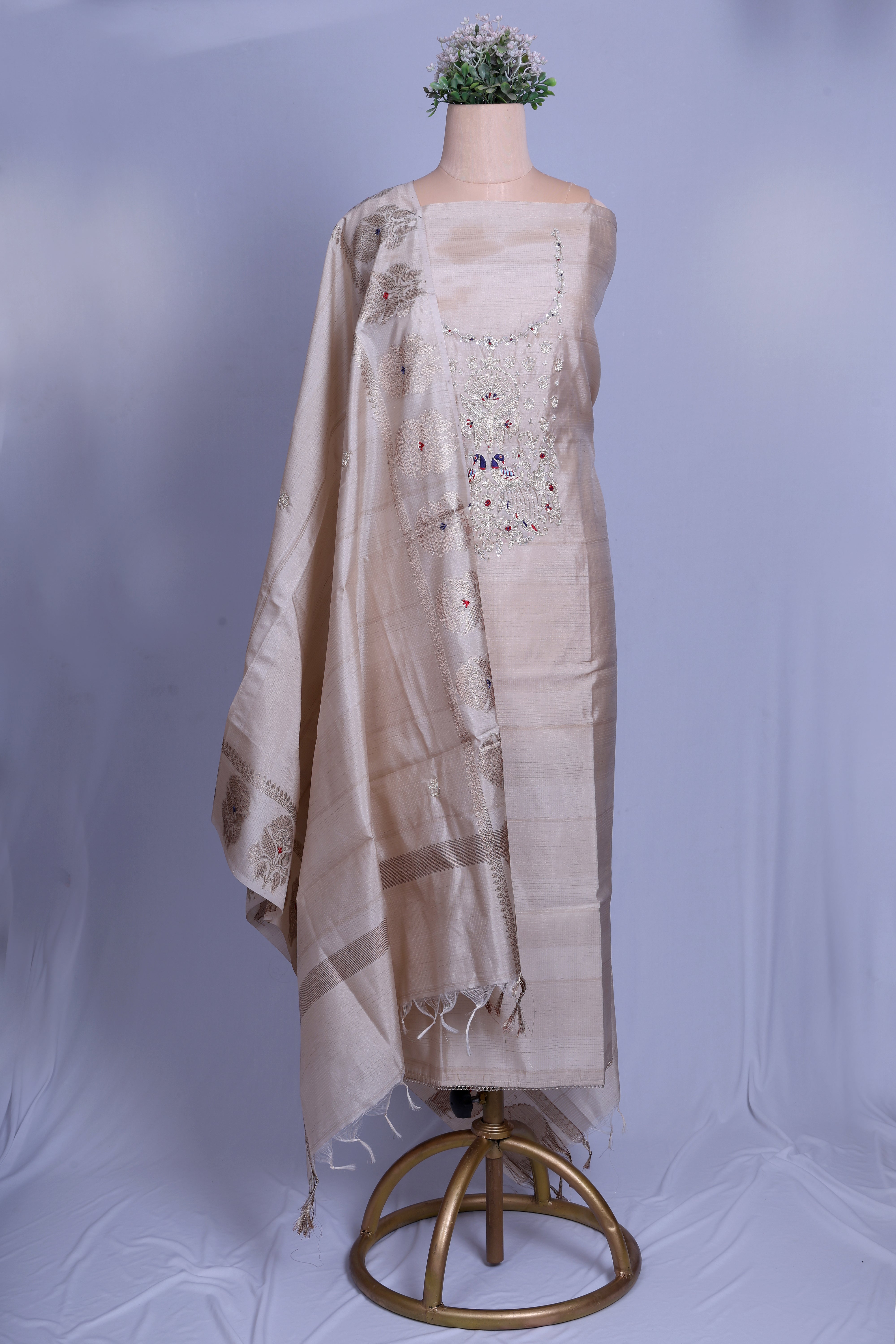Elegant Beige Maheshwari Silk Suit Set with Zardozi & Pearl Handwork