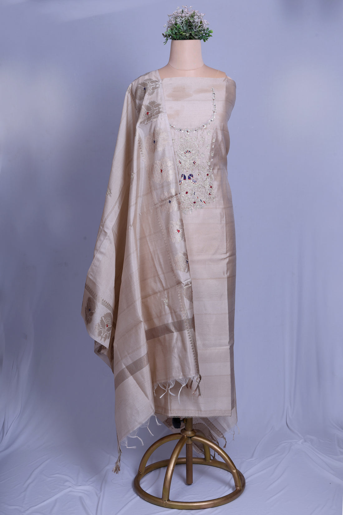 Elegant Beige Maheshwari Silk Suit Set with Zardozi & Pearl Handwork