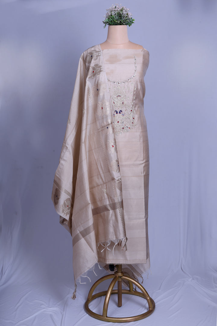Elegant Beige Maheshwari Silk Suit Set with Zardozi & Pearl Handwork