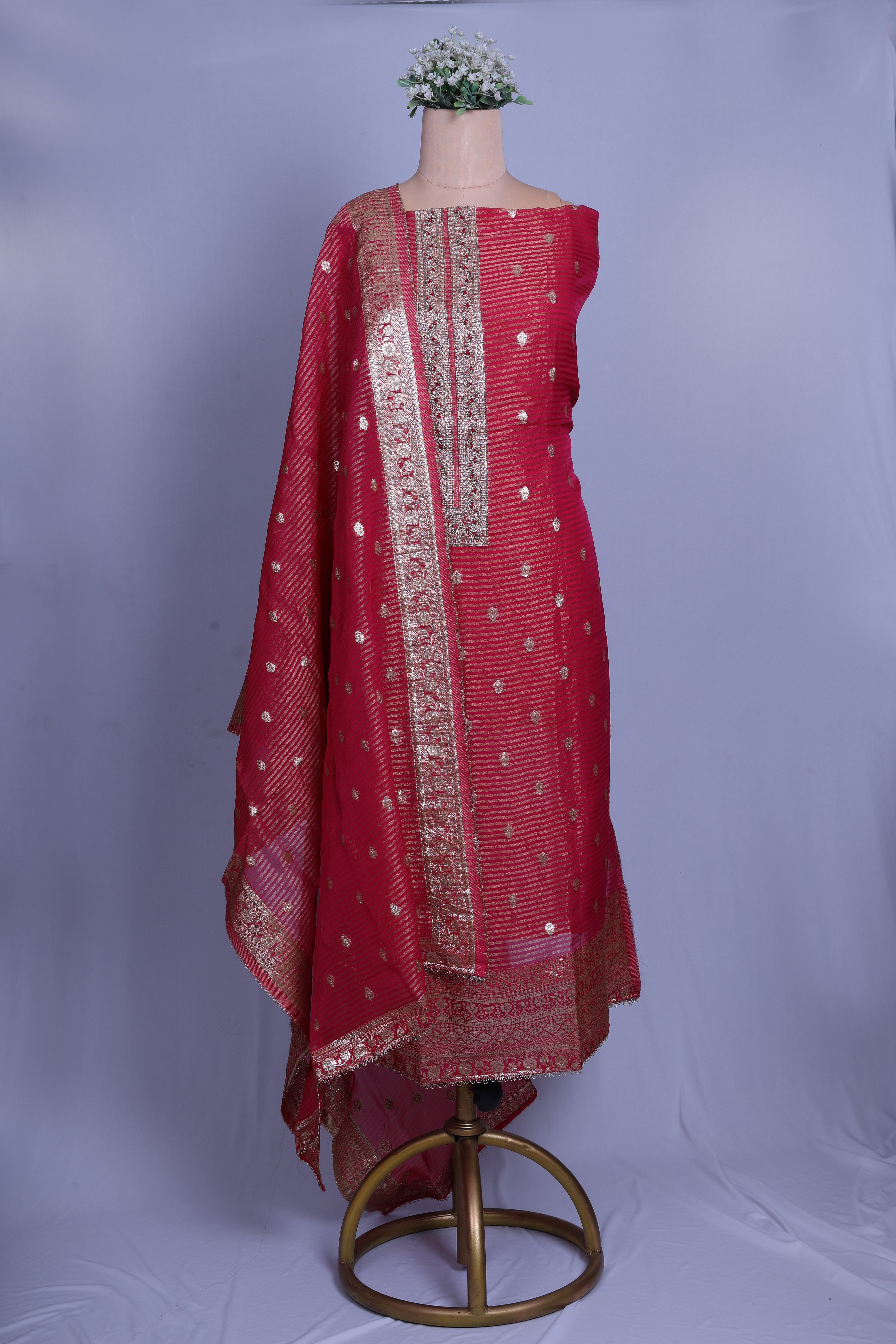 Rani Pink Silk Suit Set with Banarsi Dupatta & Zardozi Handwork