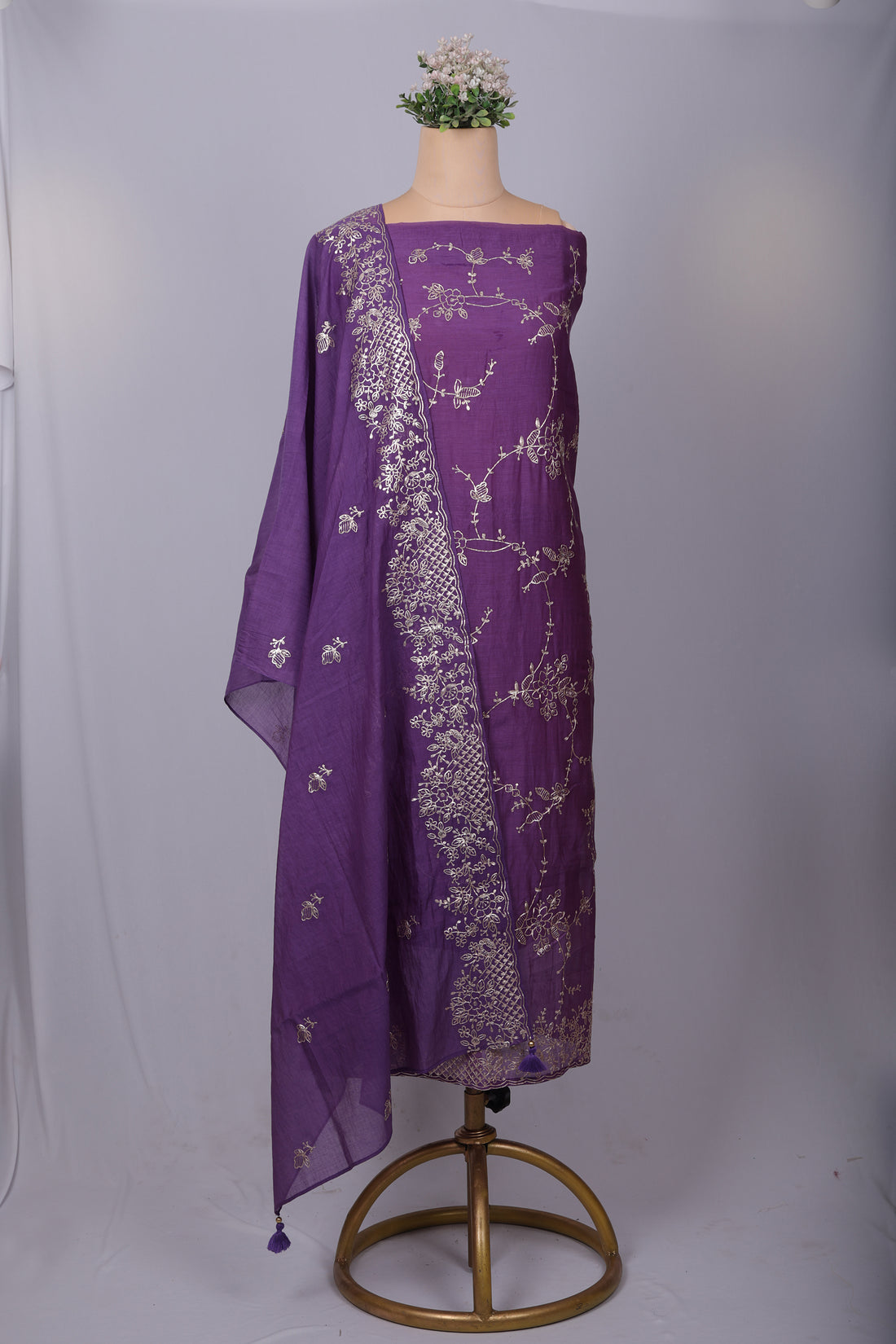 Royal Purple Chanderi Silk Suit Set with Intricate Pitta Work