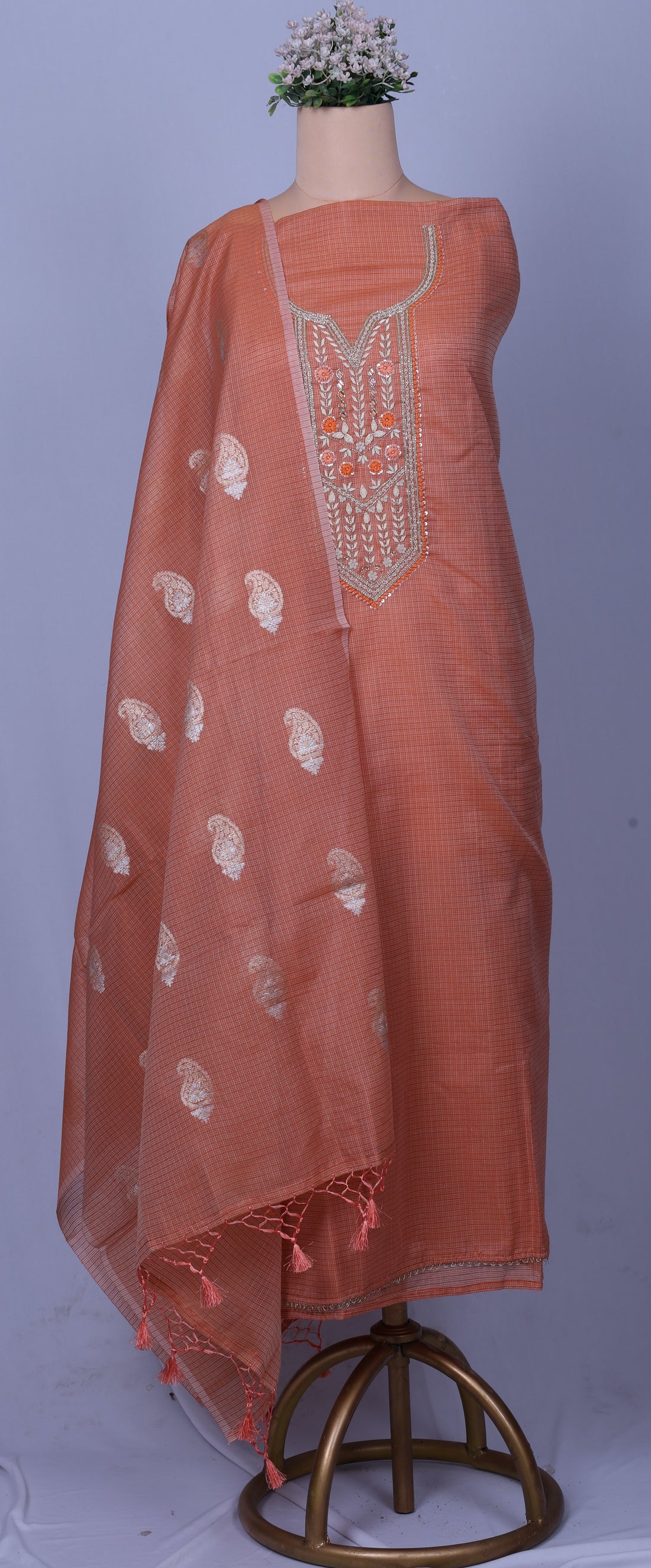 Peach Zari Embroidered Suit Set