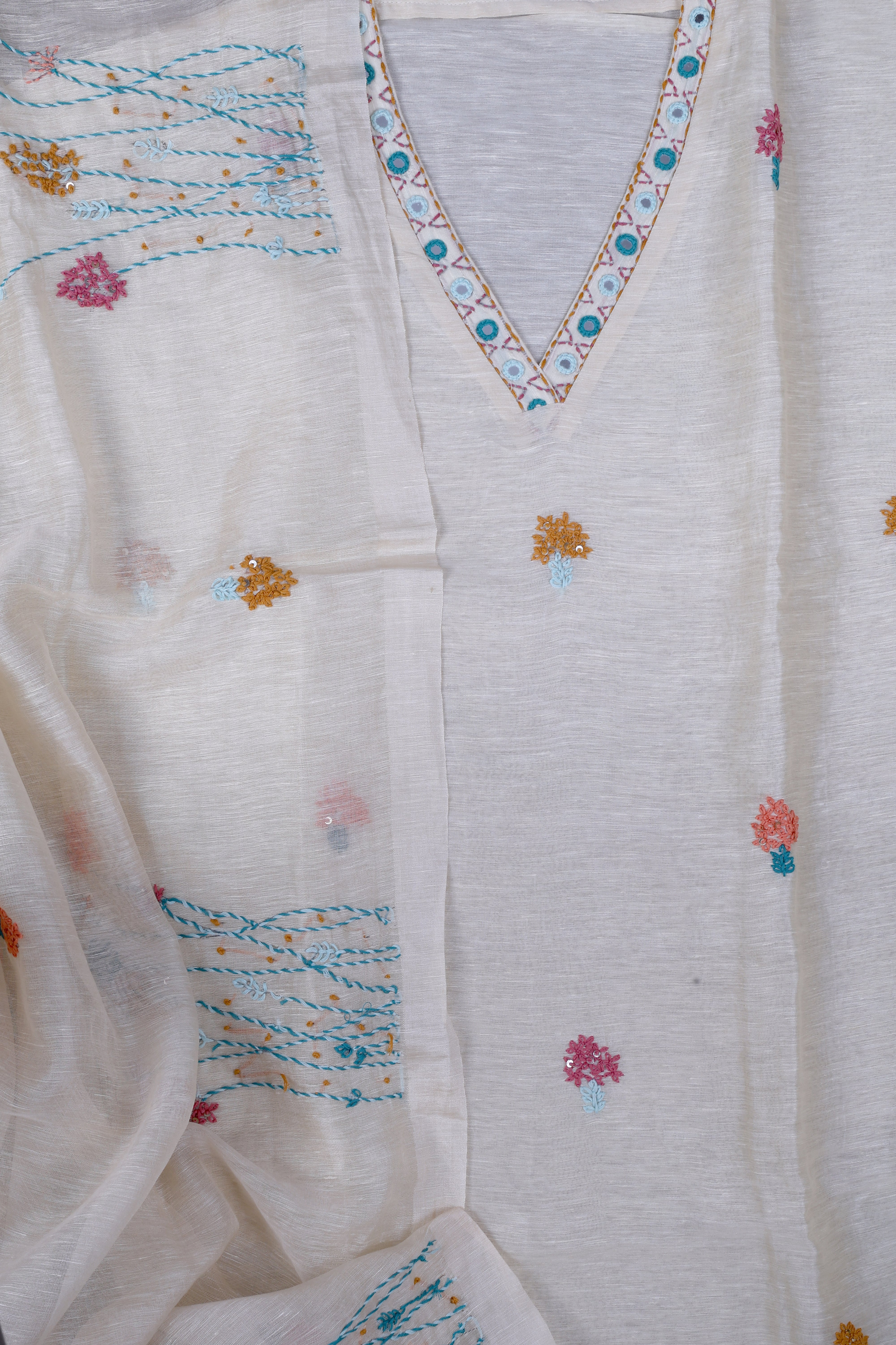 Ivory Linen Silk Suit Set with Thread & Mirror Work