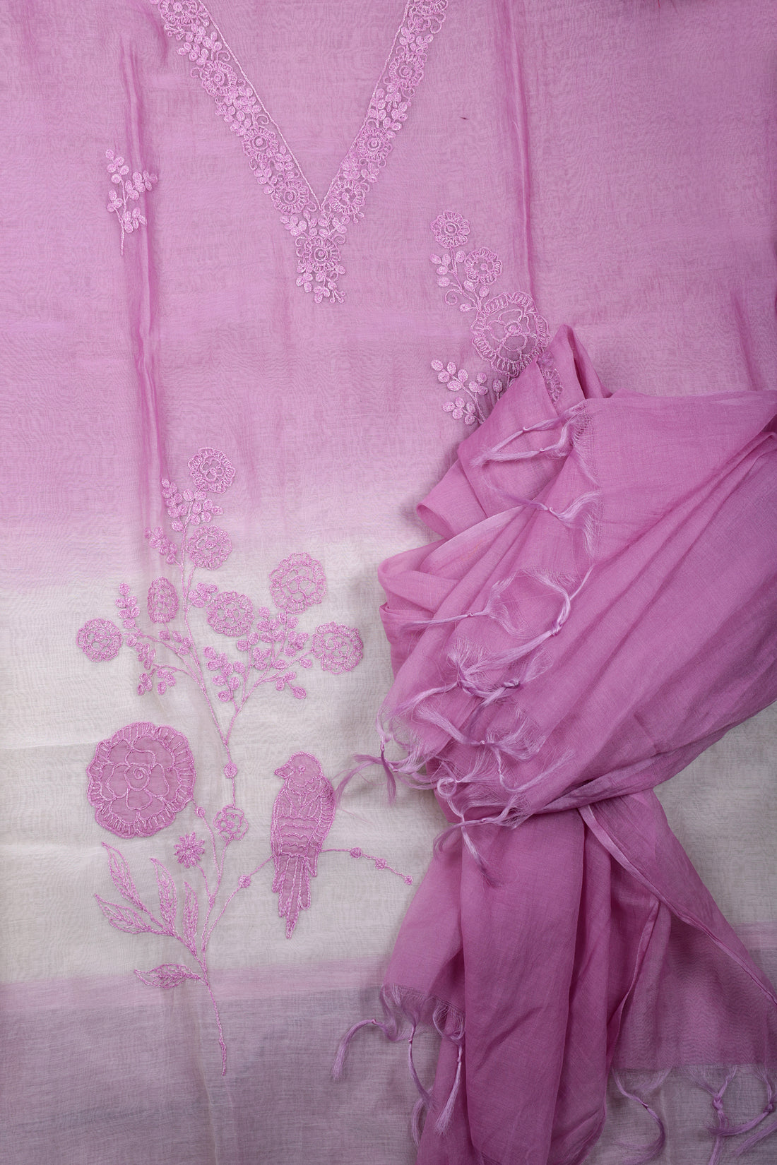 Pink Ombre Chanderi Suit Set with Delicate Thread Embroidery
