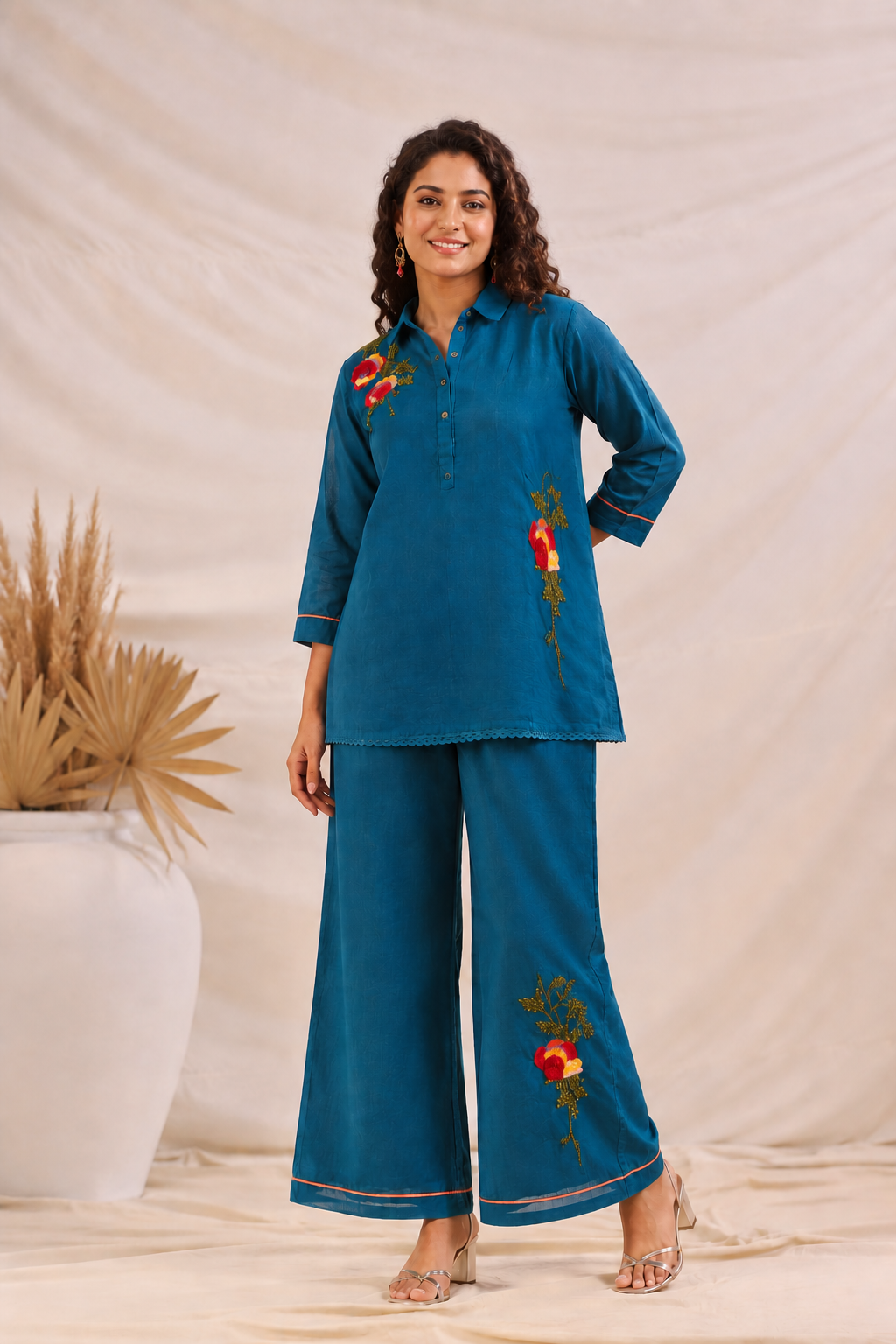Azure Blossom Mul Chanderi Co-Ord Set