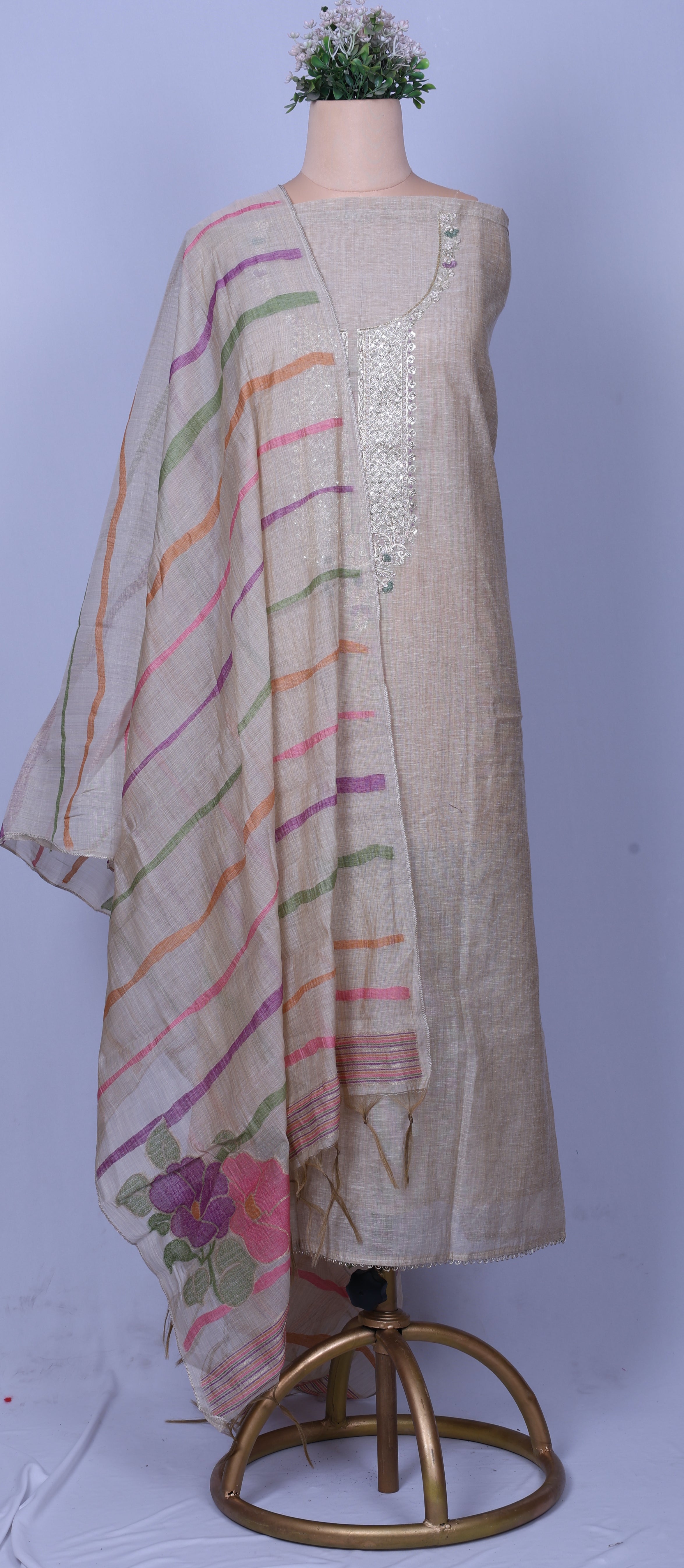 Elegant Beige Jamdani Suit Set with Zardozi & Pearl Handwork