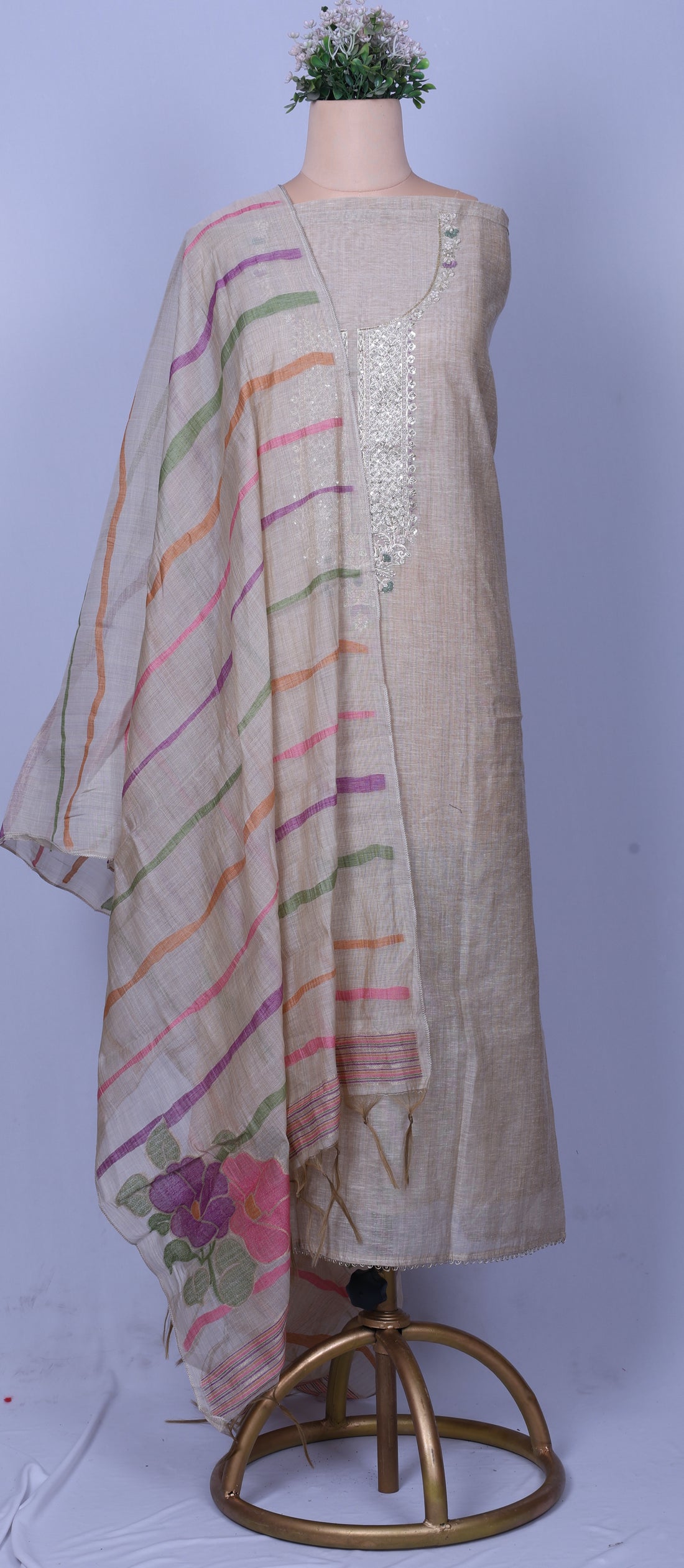Elegant Beige Jamdani Suit Set with Zardozi & Pearl Handwork