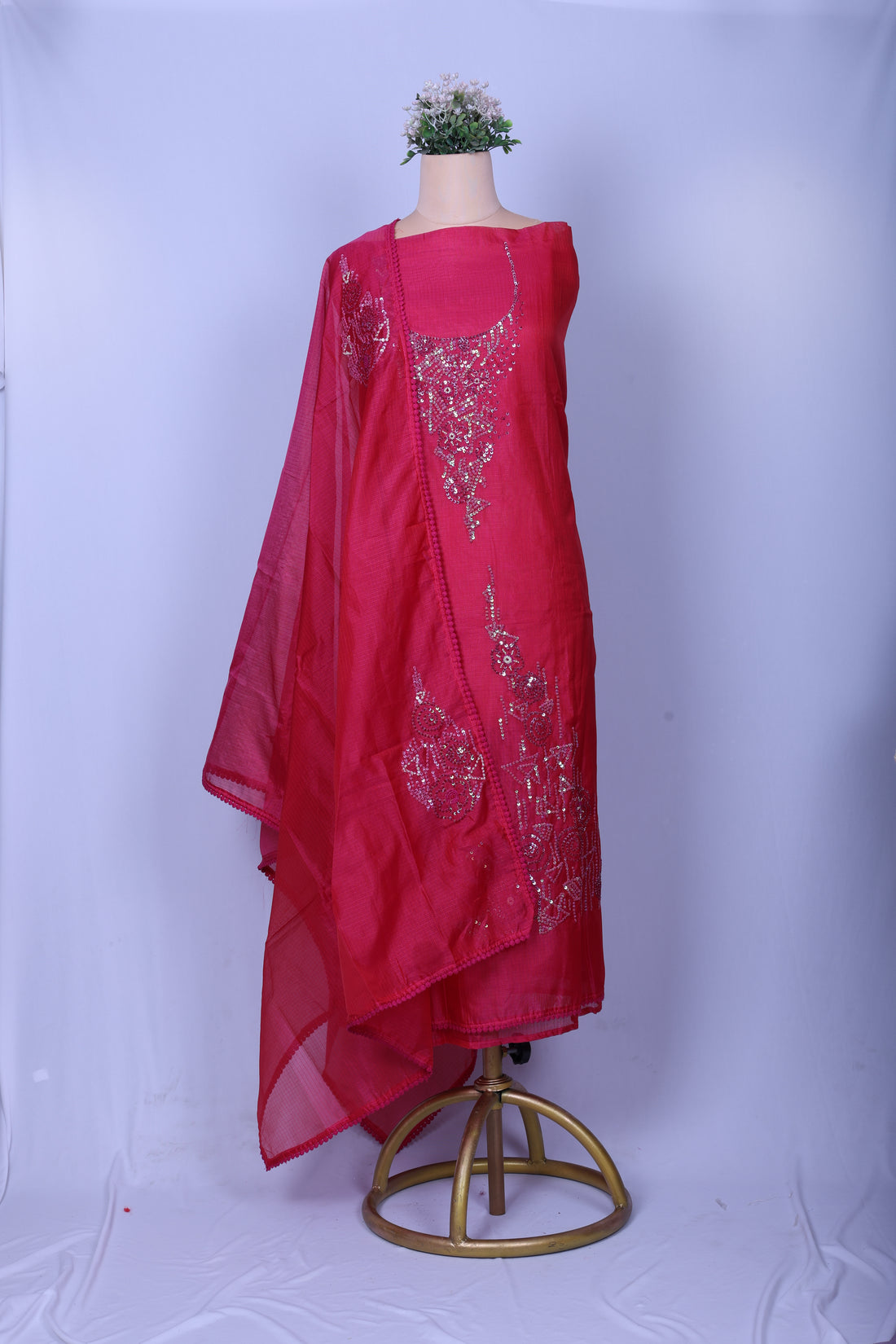 Ruby Pink Kota Silk Suit Set with Sequence & Pearl Work