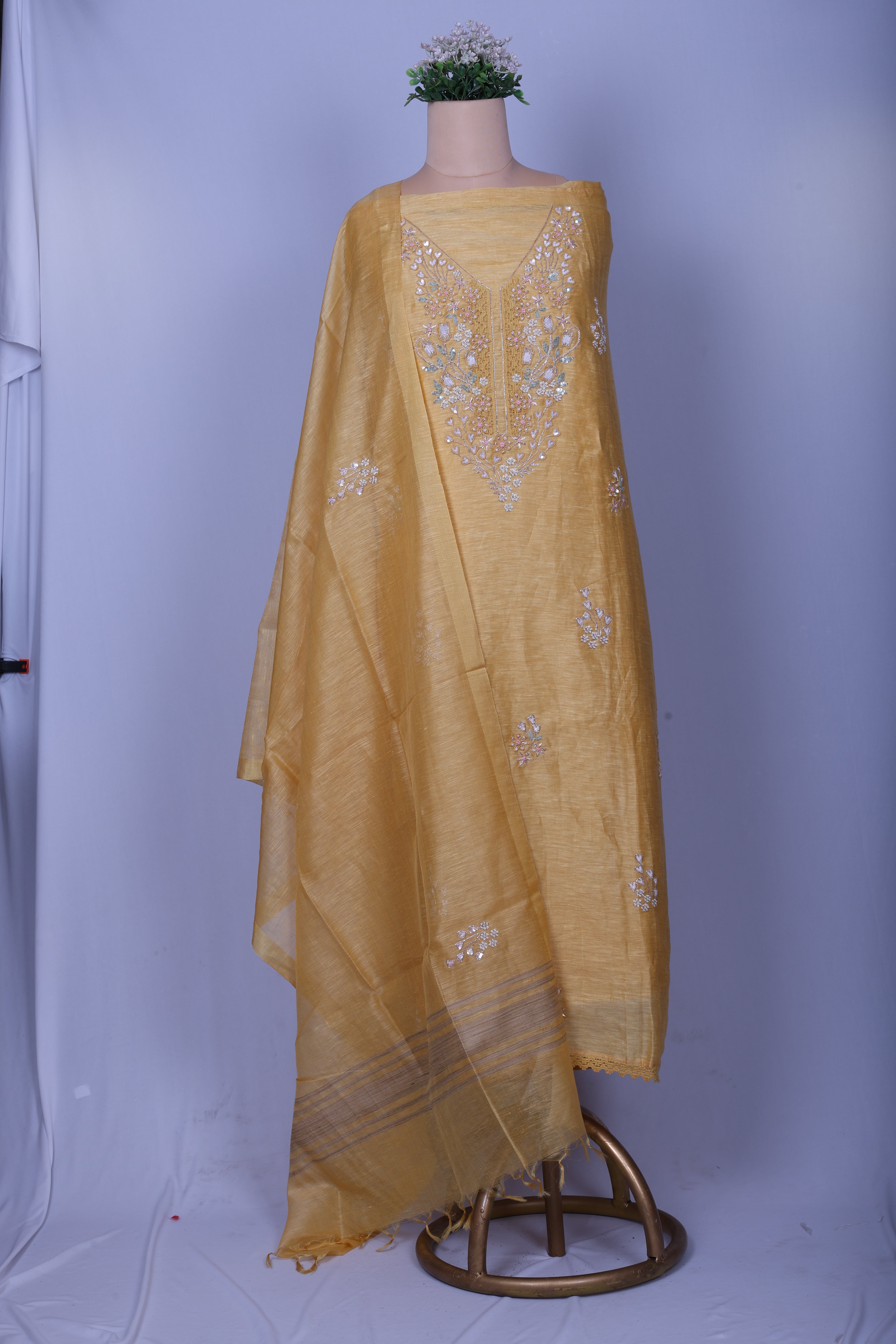 Luxury Mustard Linen Silk Suit Set with Pure Handcrafted Embroidery