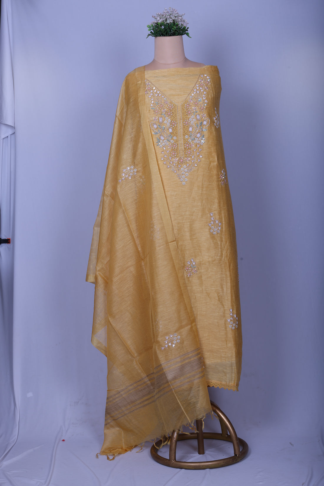 Luxury Mustard Linen Silk Suit Set with Pure Handcrafted Embroidery