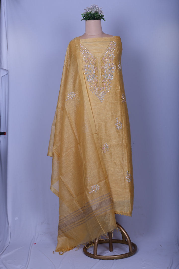 Luxury Mustard Linen Silk Suit Set with Pure Handcrafted Embroidery