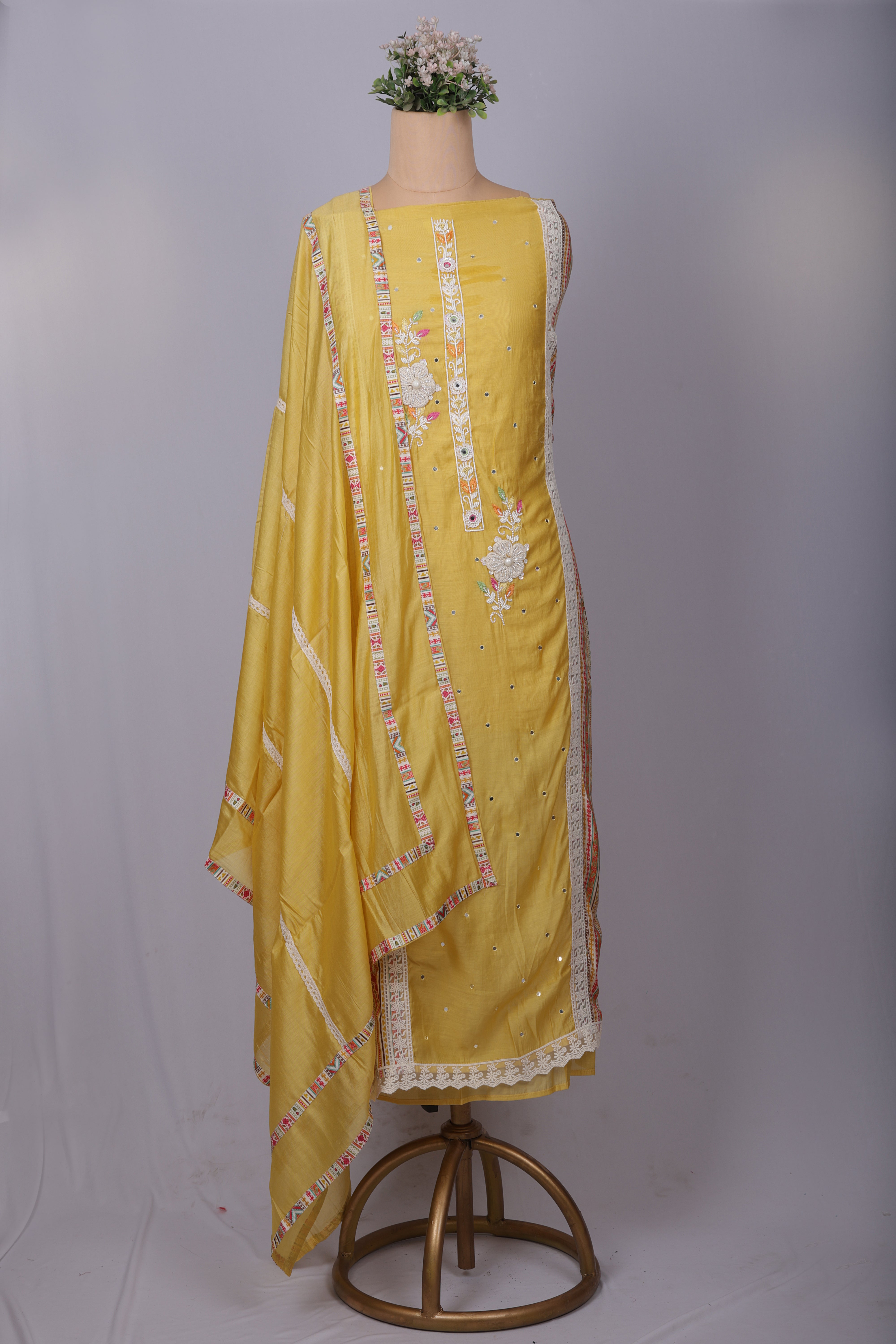 Sunshine Yellow Chanderi Silk Suit Set with Pearl & Mirror Handwork