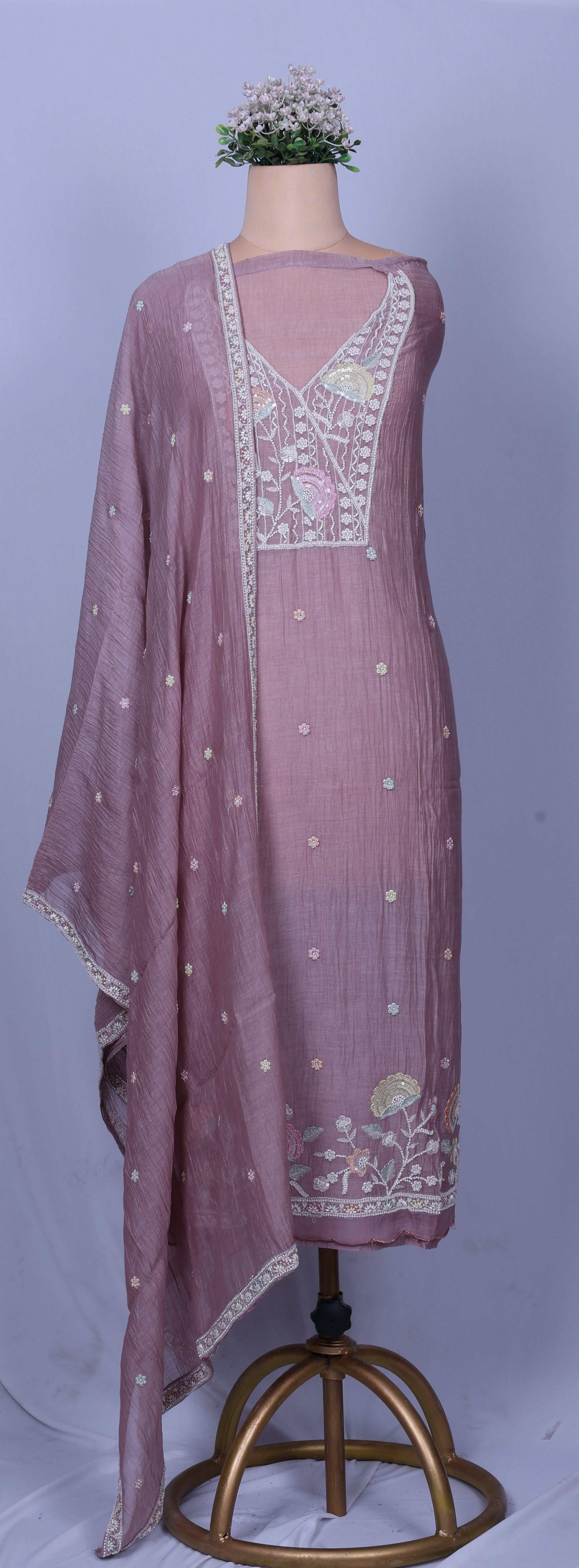 Dusty Mauve Mul Chanderi Suit Set with Handwork & Katdana Detailing