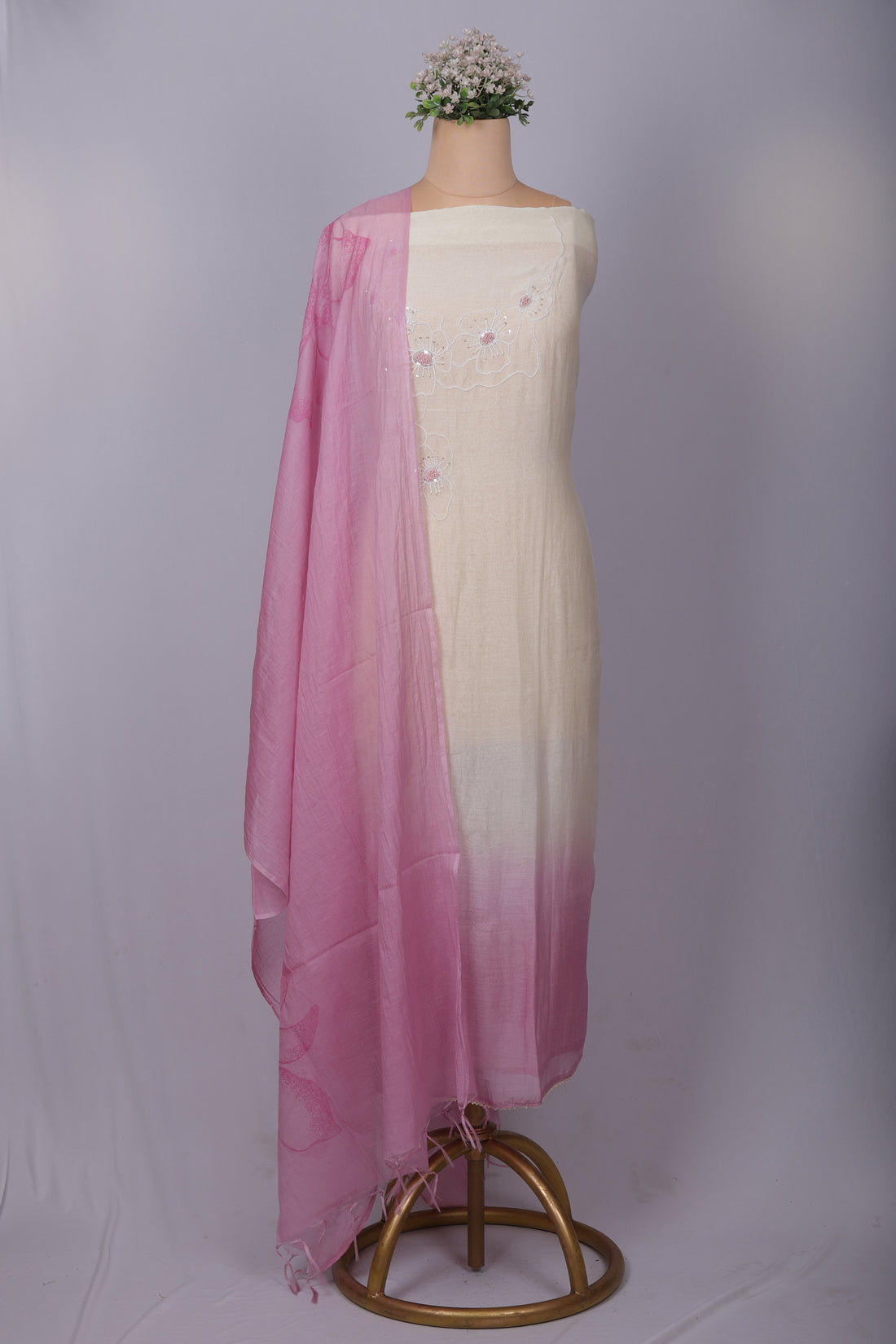 Pink Ombre Mul Chanderi Suit Set with Pearl Thread Work