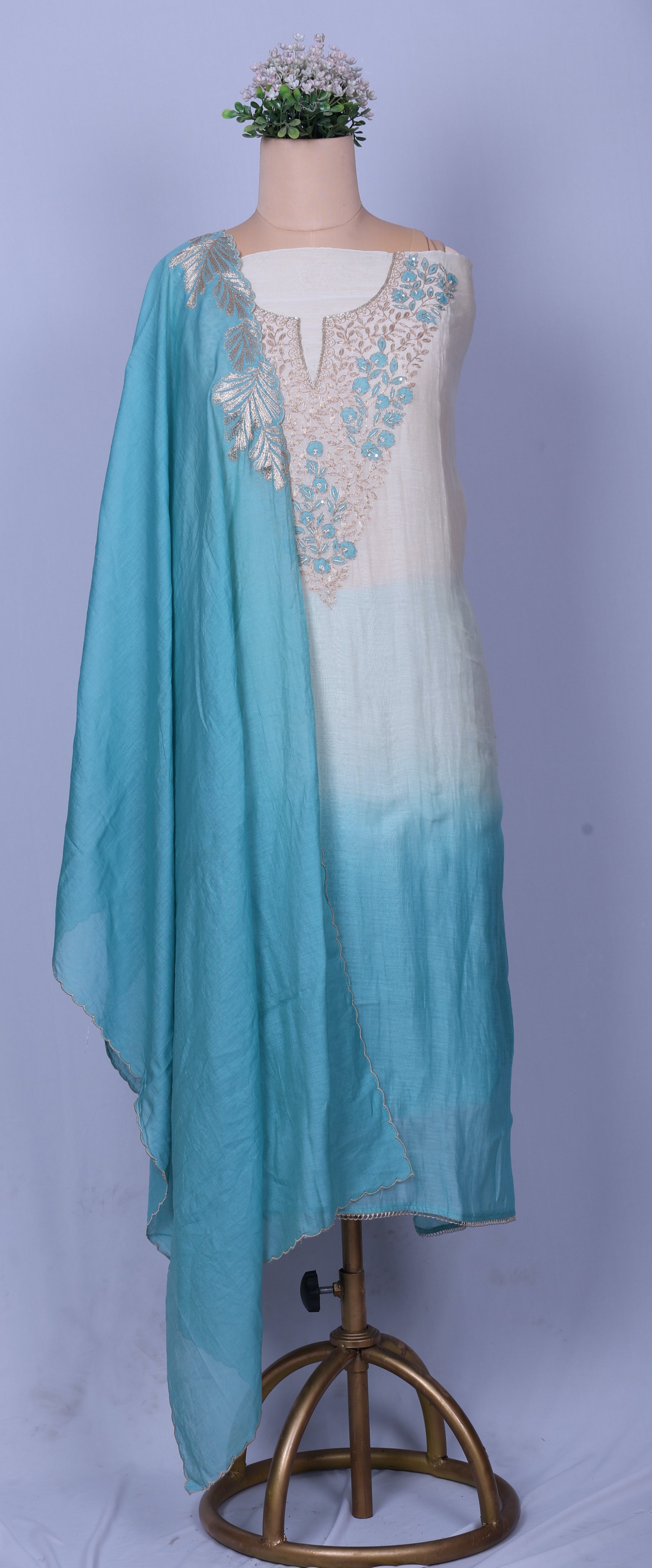 Sky Blue Ombre Embroidered Suit Set