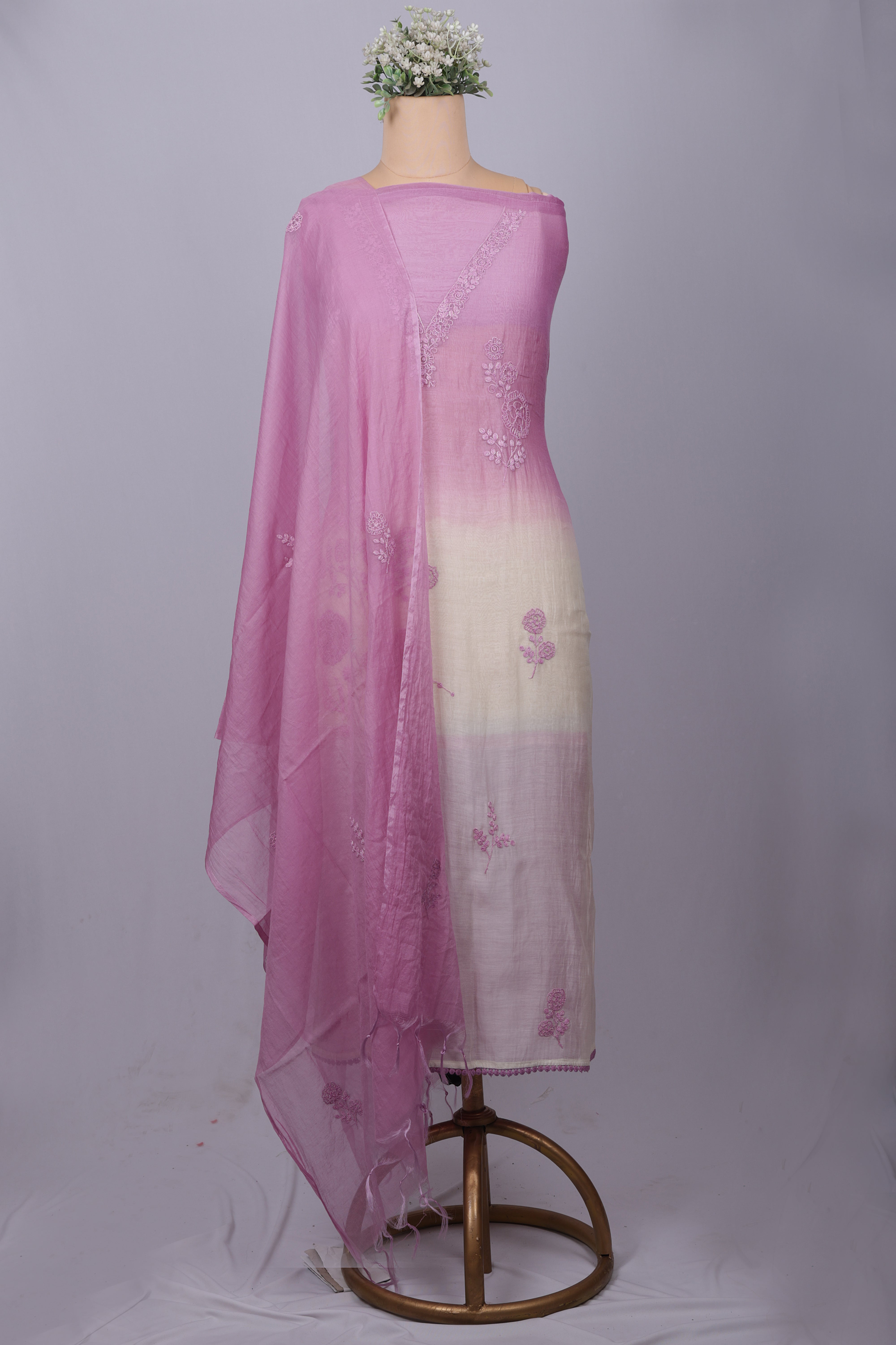 Pink Ombre Chanderi Suit Set with Delicate Thread Embroidery