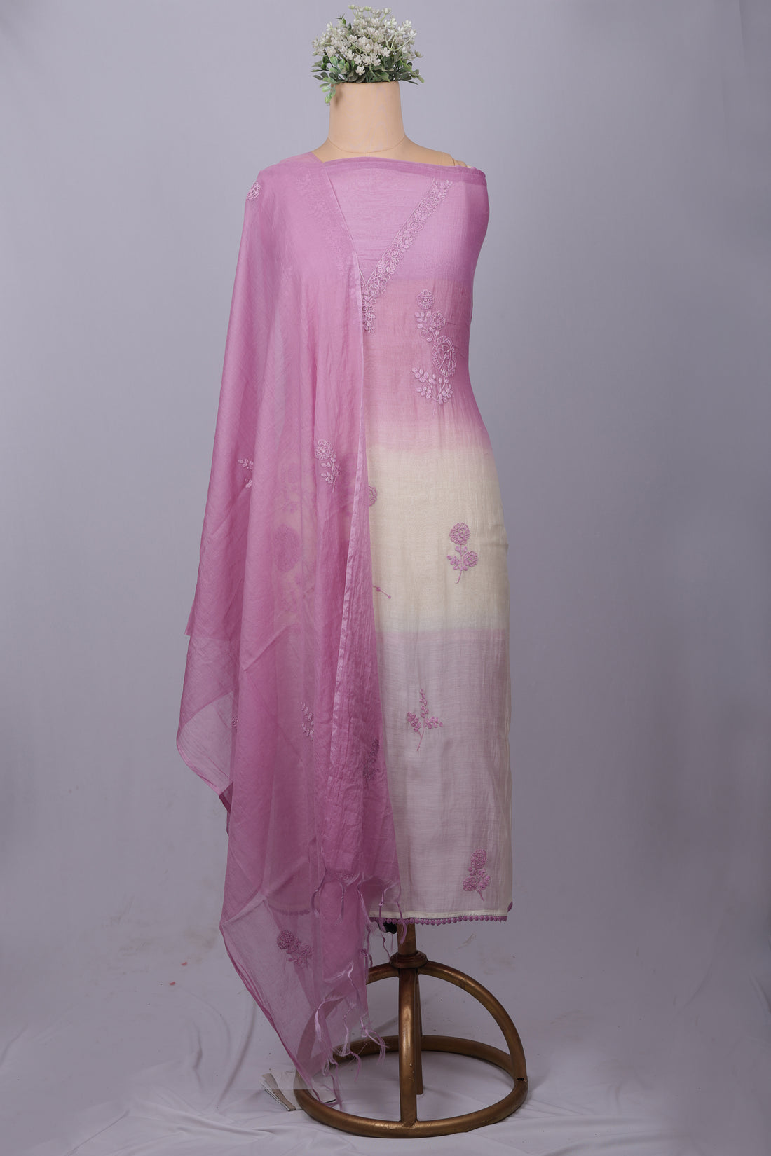 Pink Ombre Chanderi Suit Set with Delicate Thread Embroidery