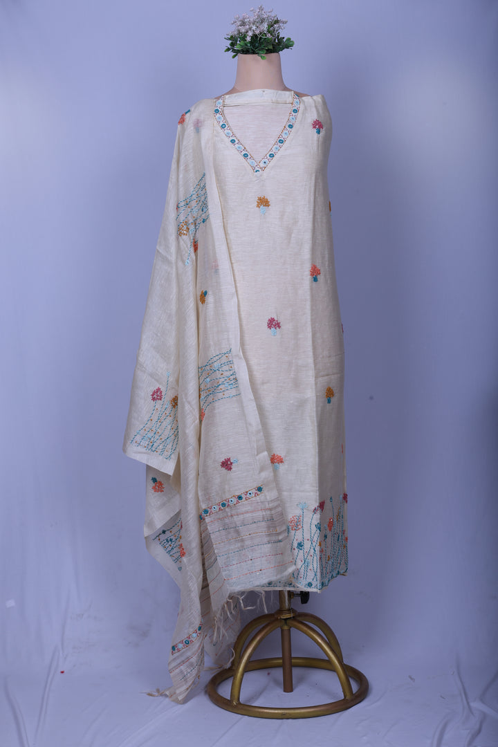 Ivory Linen Silk Suit Set with Thread & Mirror Work