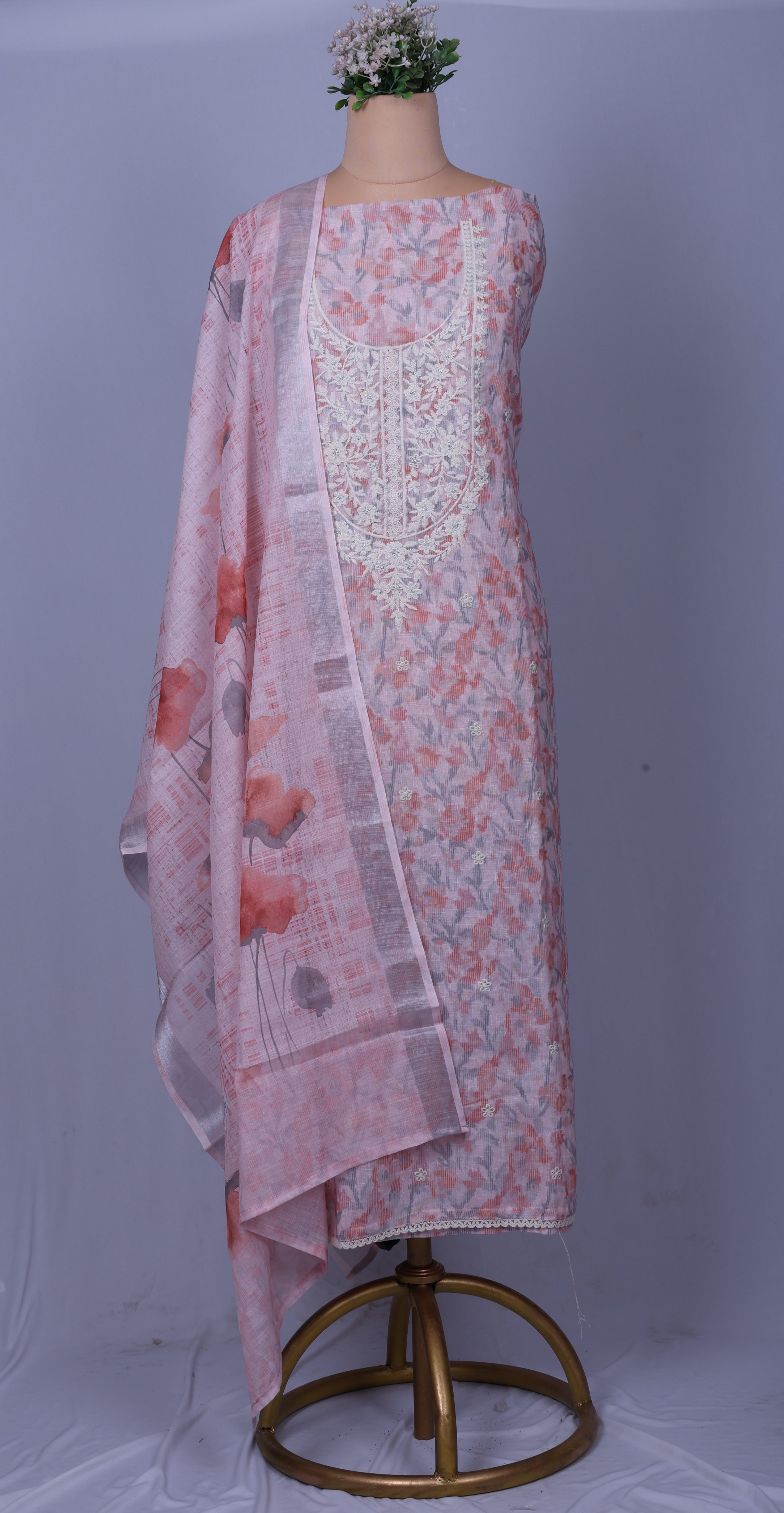 Pastel Pink Linen Digital Print Suit Set with Thread Embroidery