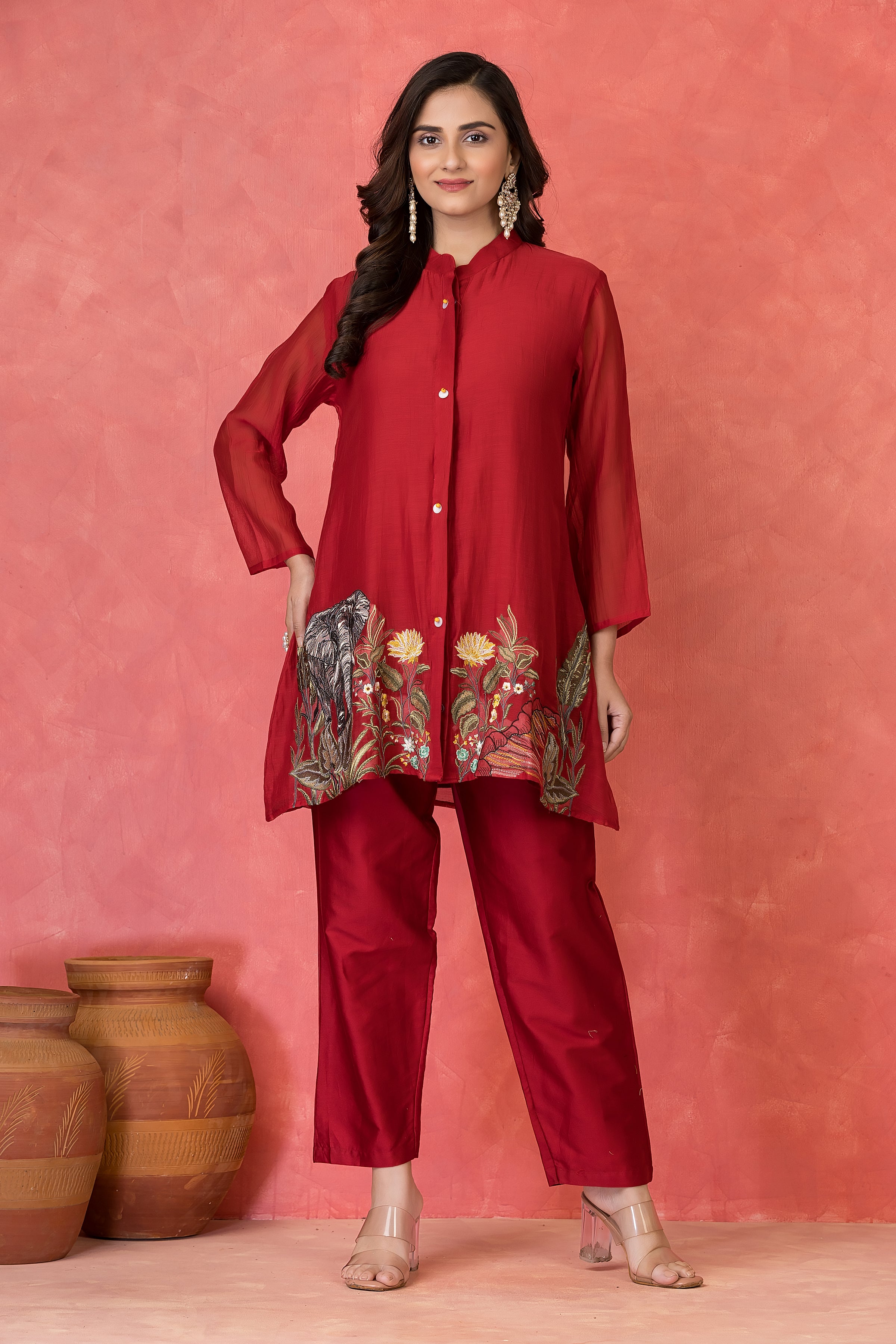 Scarlet Red Mul Chanderi Co-ord Set