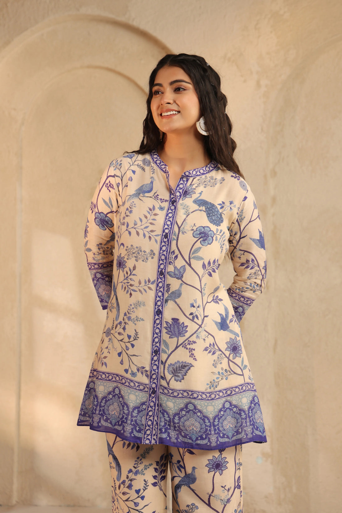 Cream Blue Linen Co-ord Set