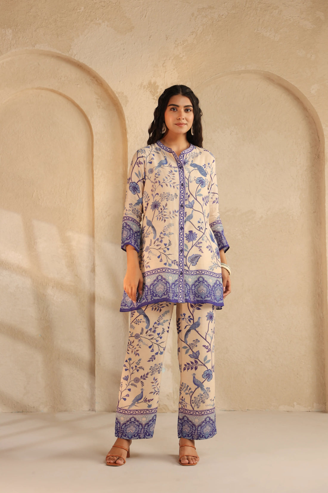 Cream Blue Linen Co-ord Set