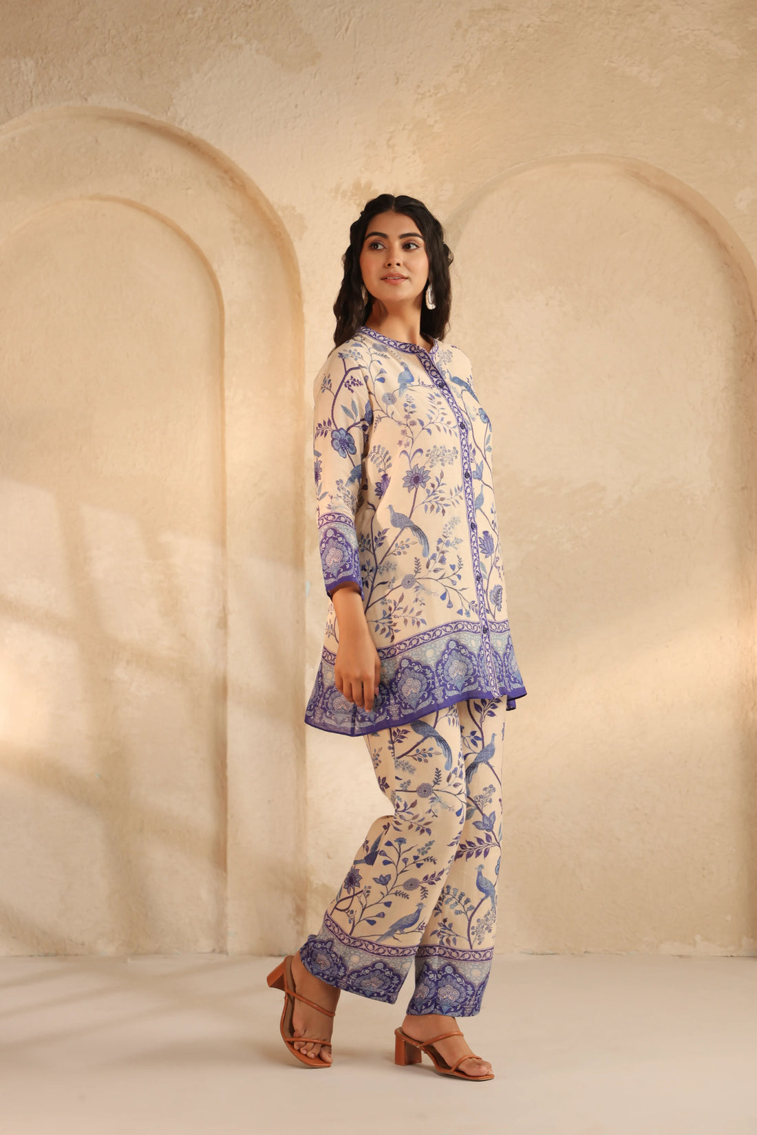 Cream Blue Linen Co-ord Set
