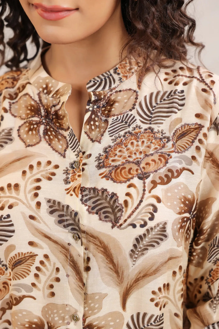 Beige Botanical Linen Co-ord Set
