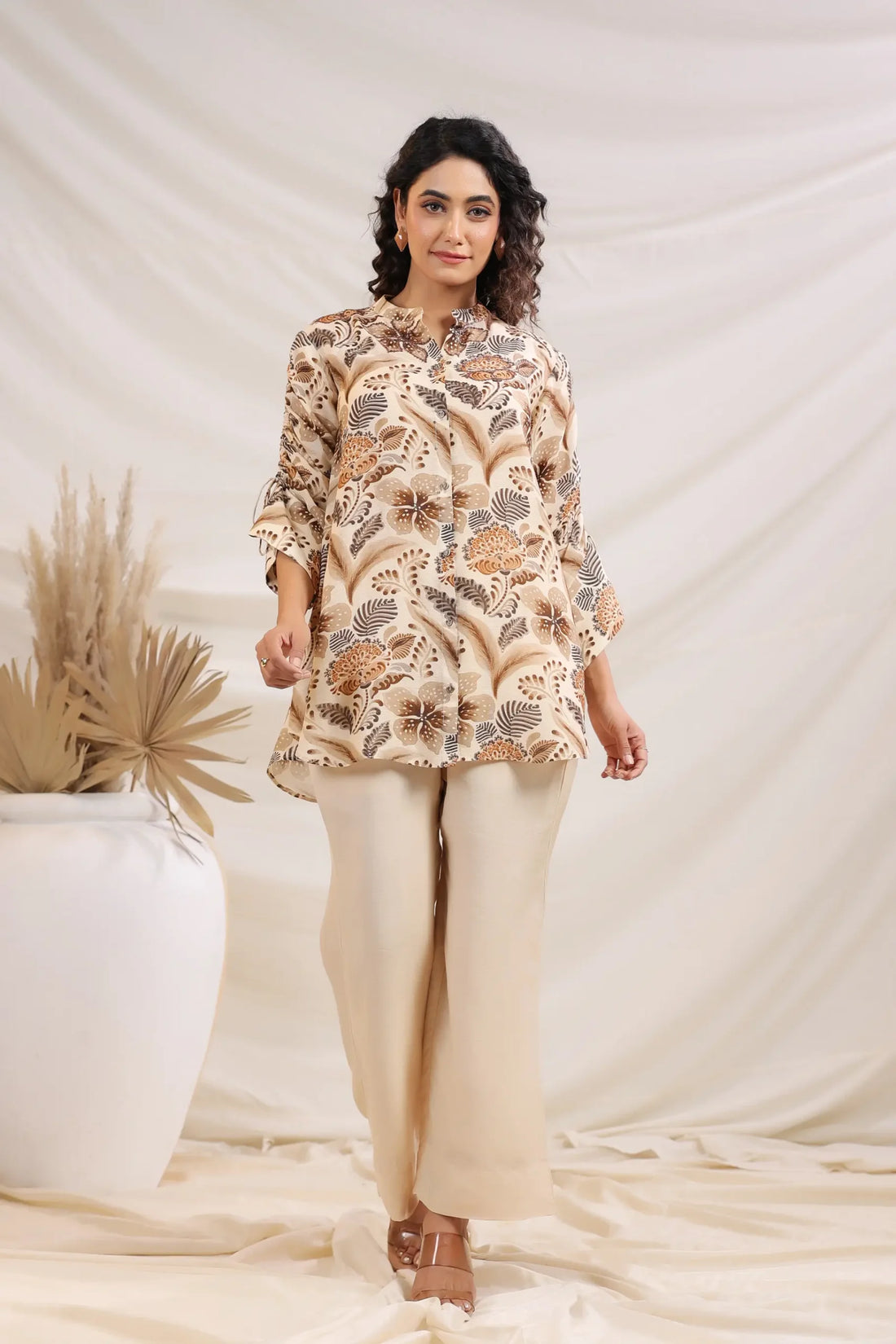 Beige Botanical Linen Co-ord Set