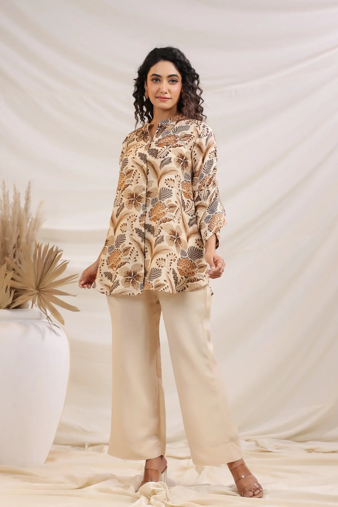 Beige Botanical Linen Co-ord Set