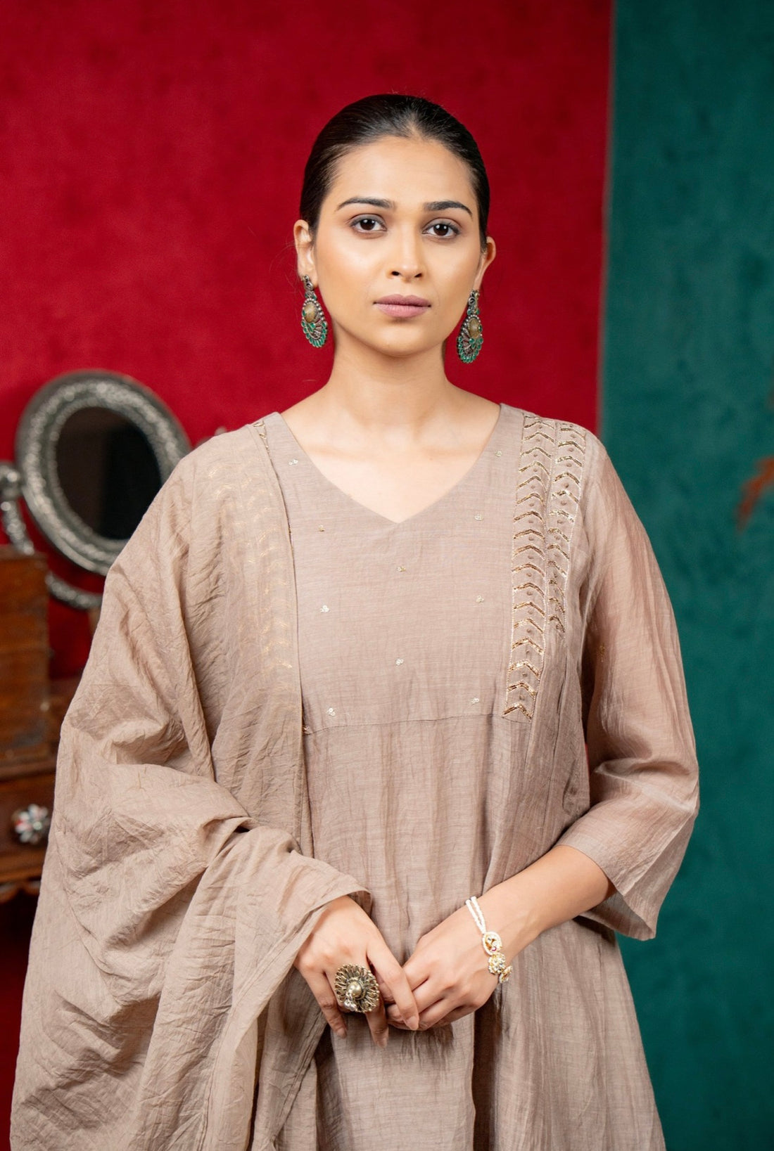 Taupe Mul Chanderi Suit Set with Minimal Hand Detailing
