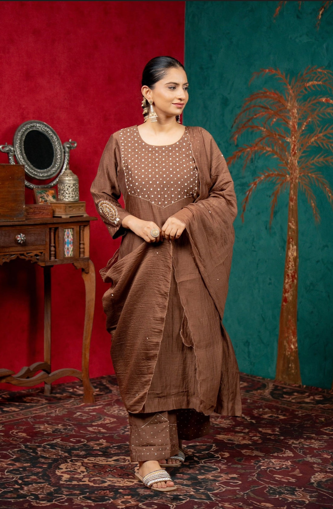 Elegant Cocoa Brown Mul Chanderi Suit Set with Pearl Detailing