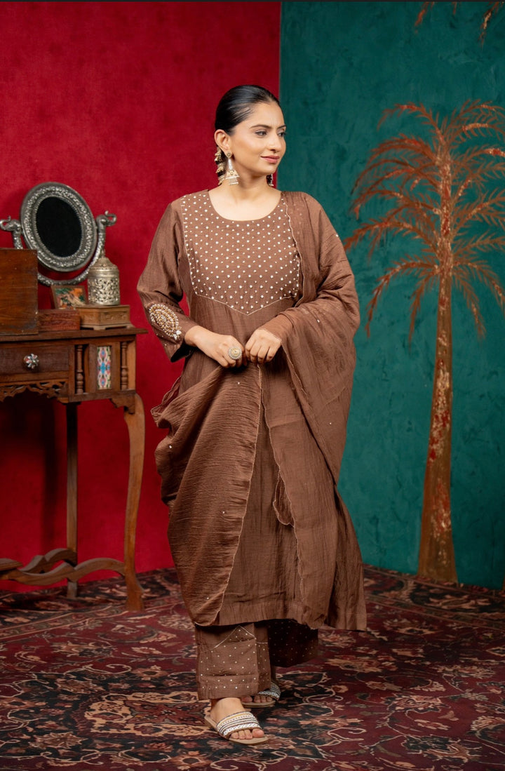 Elegant Cocoa Brown Mul Chanderi Suit Set with Pearl Detailing