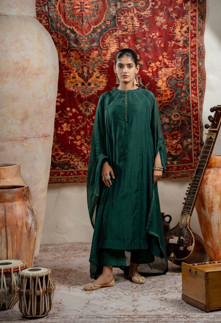 Emerald Green Mul Chanderi Suit Set with Minimal Hand Detailing