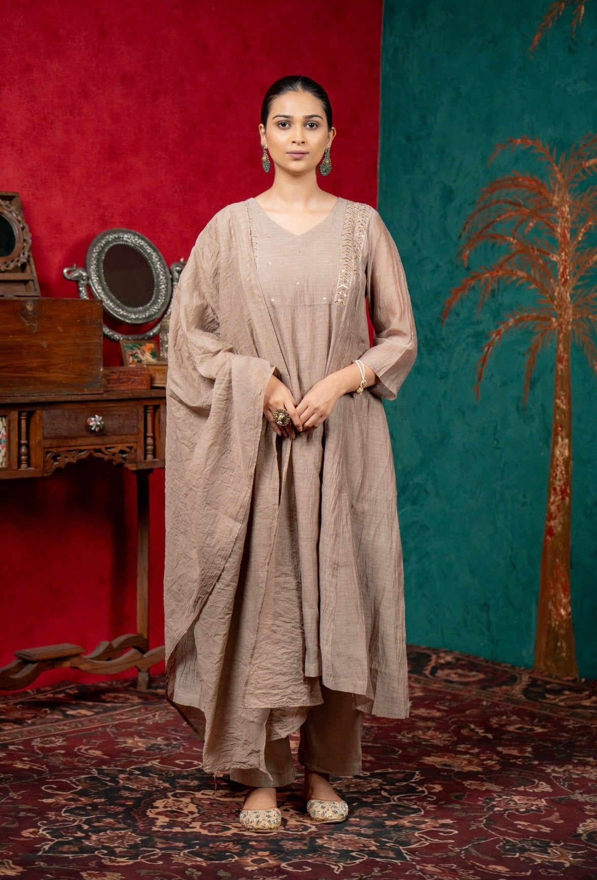 Taupe Mul Chanderi Suit Set with Minimal Hand Detailing